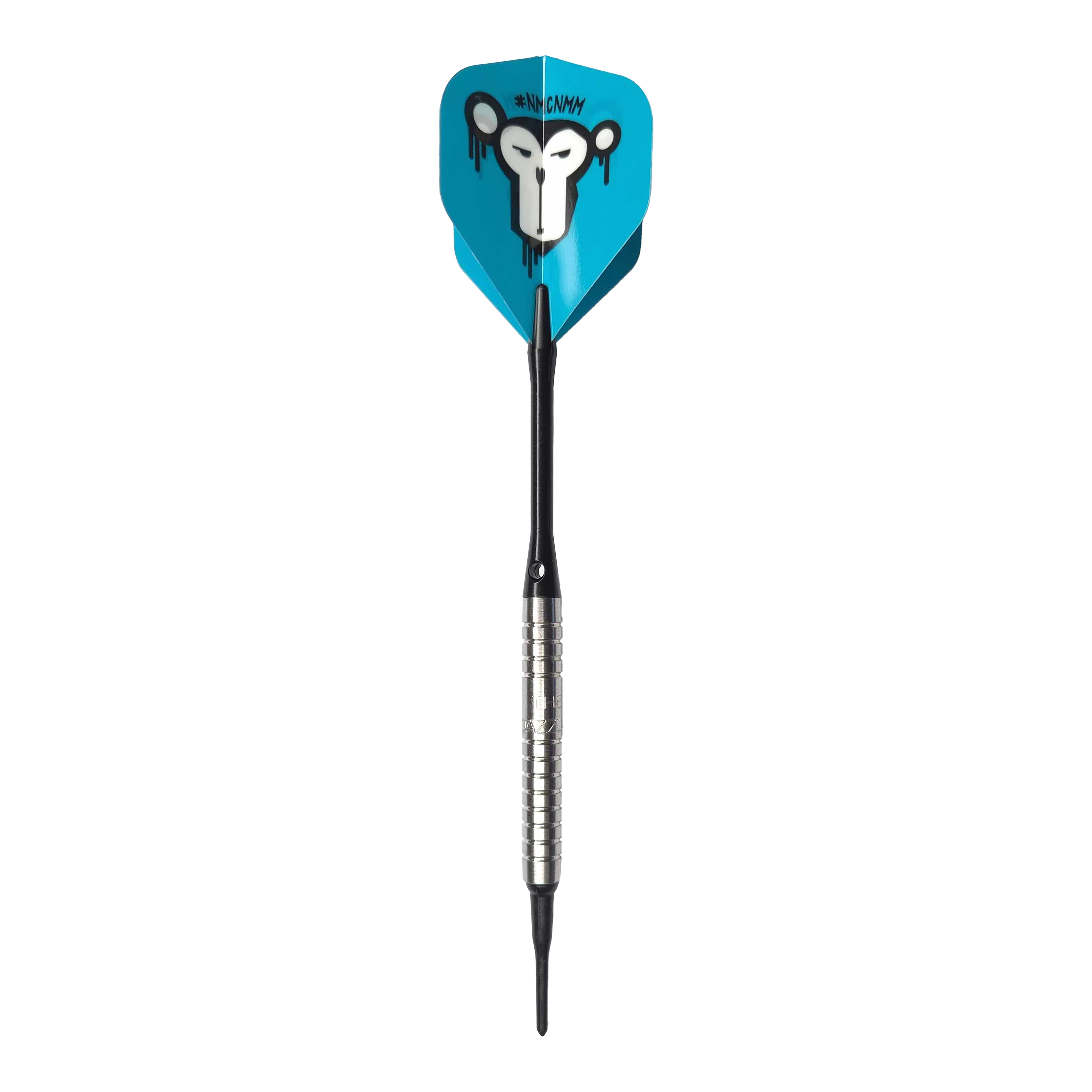 McDart 85 Tungsten V15 Softdarts - 16,5g Der McDart 85er Tungsten V15 Softdart wiegt 16,5g und hat ein silbernes, geriffeltes Barrel. Die Flights sind blau und zeigen das Bild eines stilisierten Affengesichts.