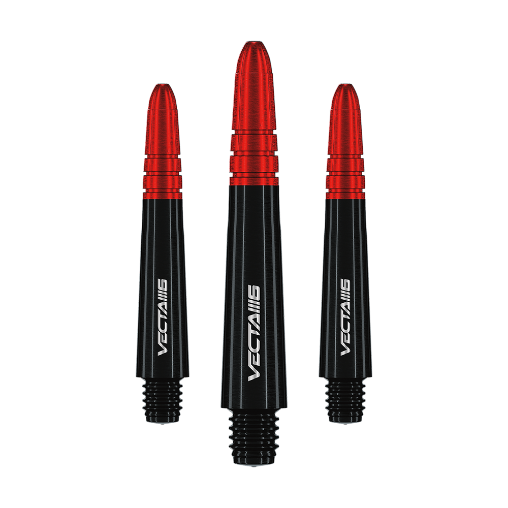 7025_107_Winmau_Vecta_Blade6_Shafts_35mm_1 Das Bild zeigt drei Winmau Vecta Shafts - Blade 6 in Schwarz und Rot. Die Shafts sind schlank designt und haben weiße Schriftzüge.