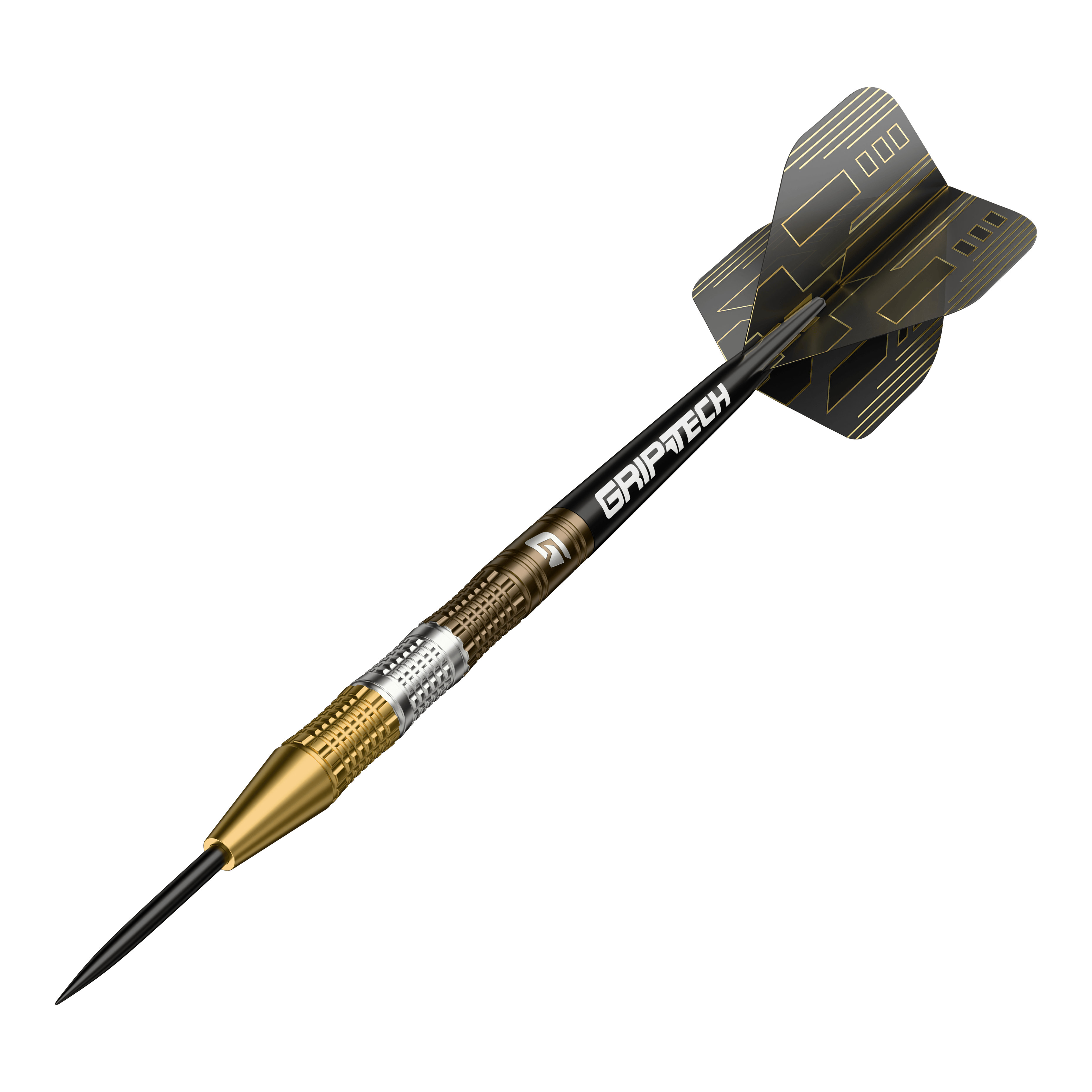 Der GOAT Ceremony Tungsten Steeldart ist ein hochwertiger Dartpfeil mit goldenen und silbernen Elementen. Auf dem Schaft steht das Wort "GRIPTECH" und die Flights sind schwarz mit goldenen Linien gestaltet.