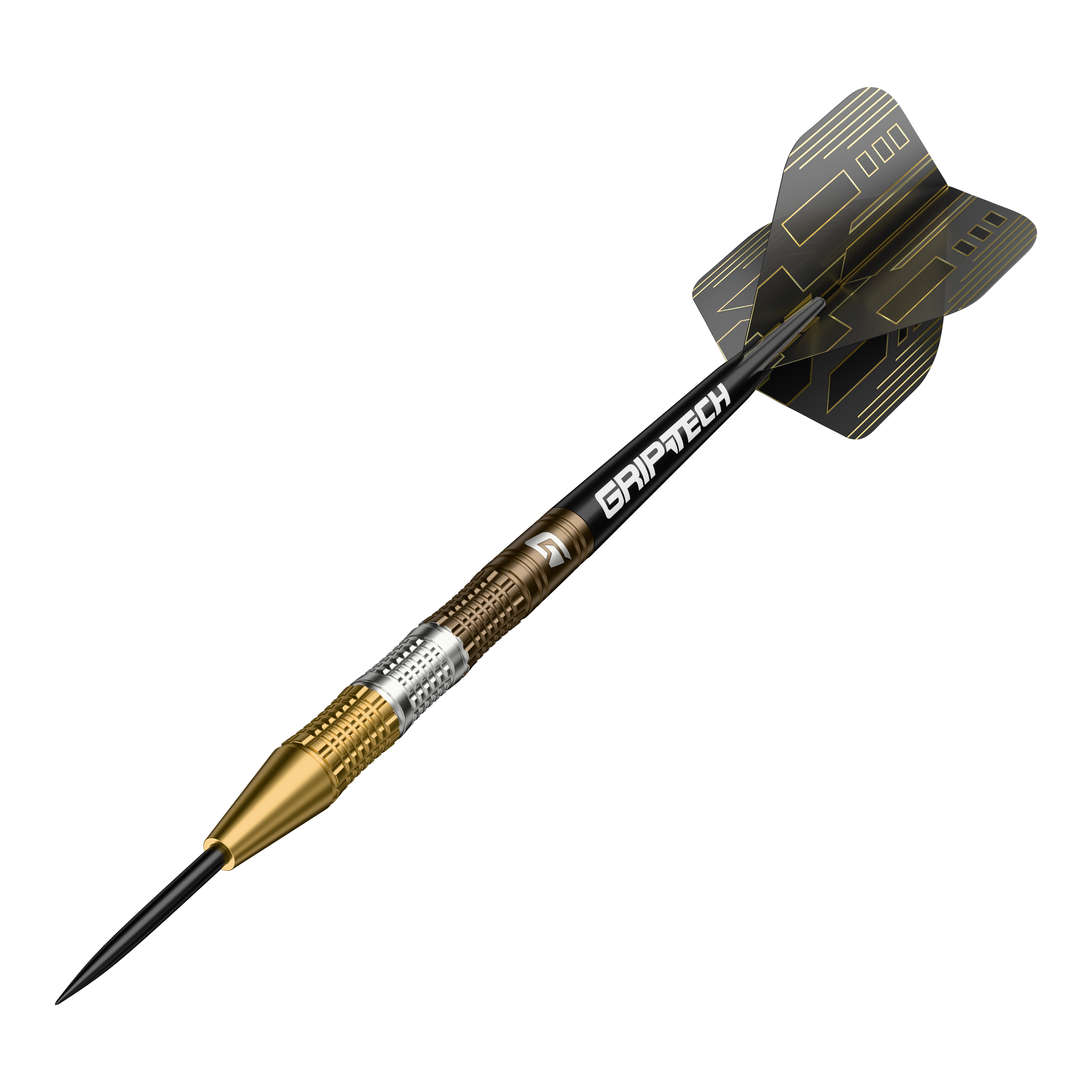 Rzutki ze stali wolframowej GOAT Ceremony Der GOAT Ceremony Tungsten Steeldart ist ein hochwertiger Dartpfeil mit goldenen und silbernen Elementen. Auf dem Schaft steht das Wort "GRIPTECH" und die Flights sind schwarz mit goldenen Linien gestaltet.