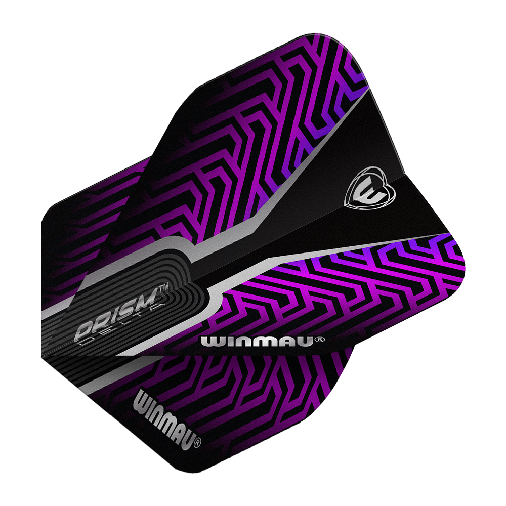 Das Bild zeigt ein Winmau Prism Delta Kairos No2 Standard Dart-Flight in Lila. Das Flight hat ein auffälliges, lilafarbenes Muster mit schwarzen und silbernen Akzenten.