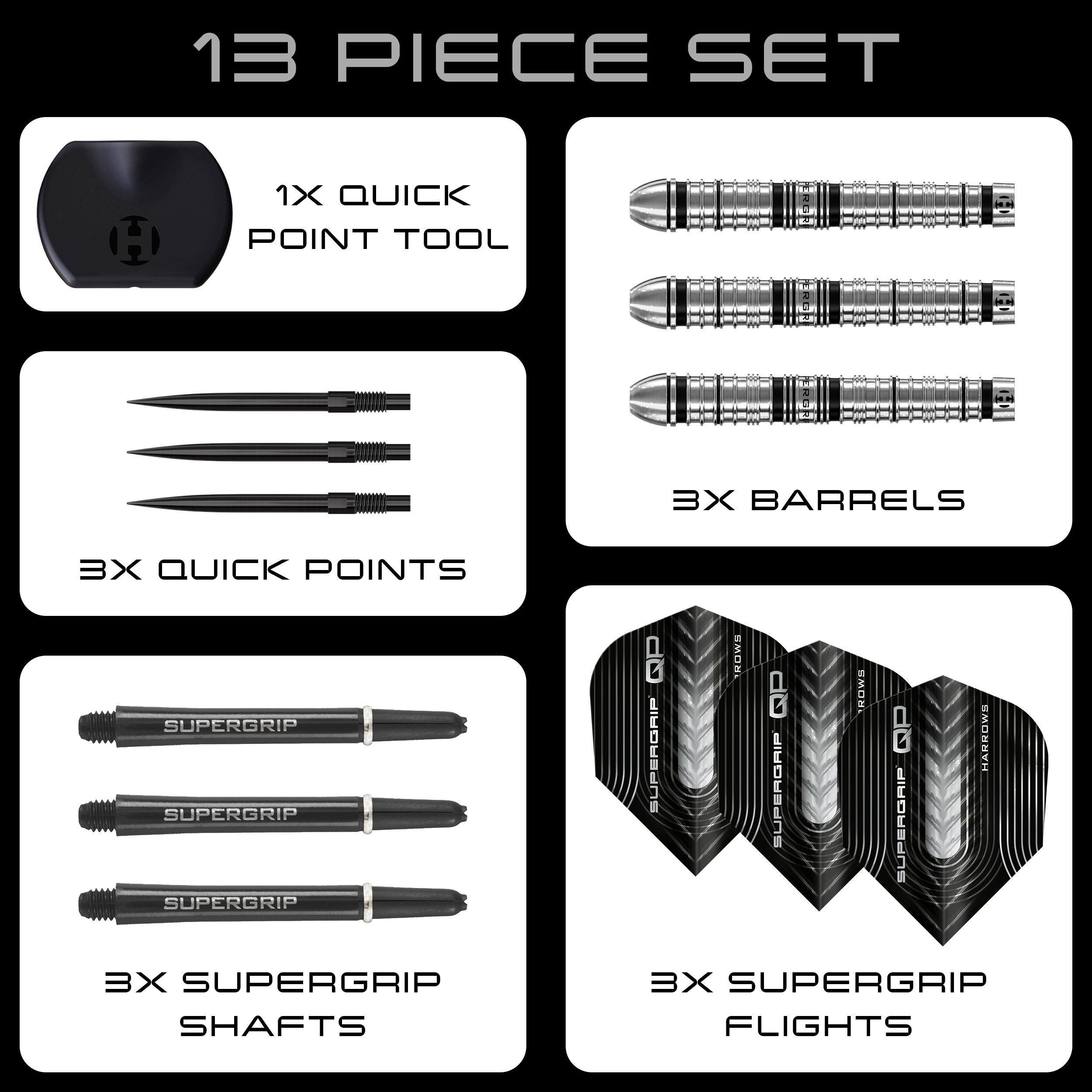 Lotki stalowe Harrows Supergrip Tapered Quick Point Zu sehen sind die Harrows Supergrip QP Tapered Quick Point Steeldarts. Diese Darts bieten eine hochwertige Verarbeitung für optimale Spieleigenschaften.