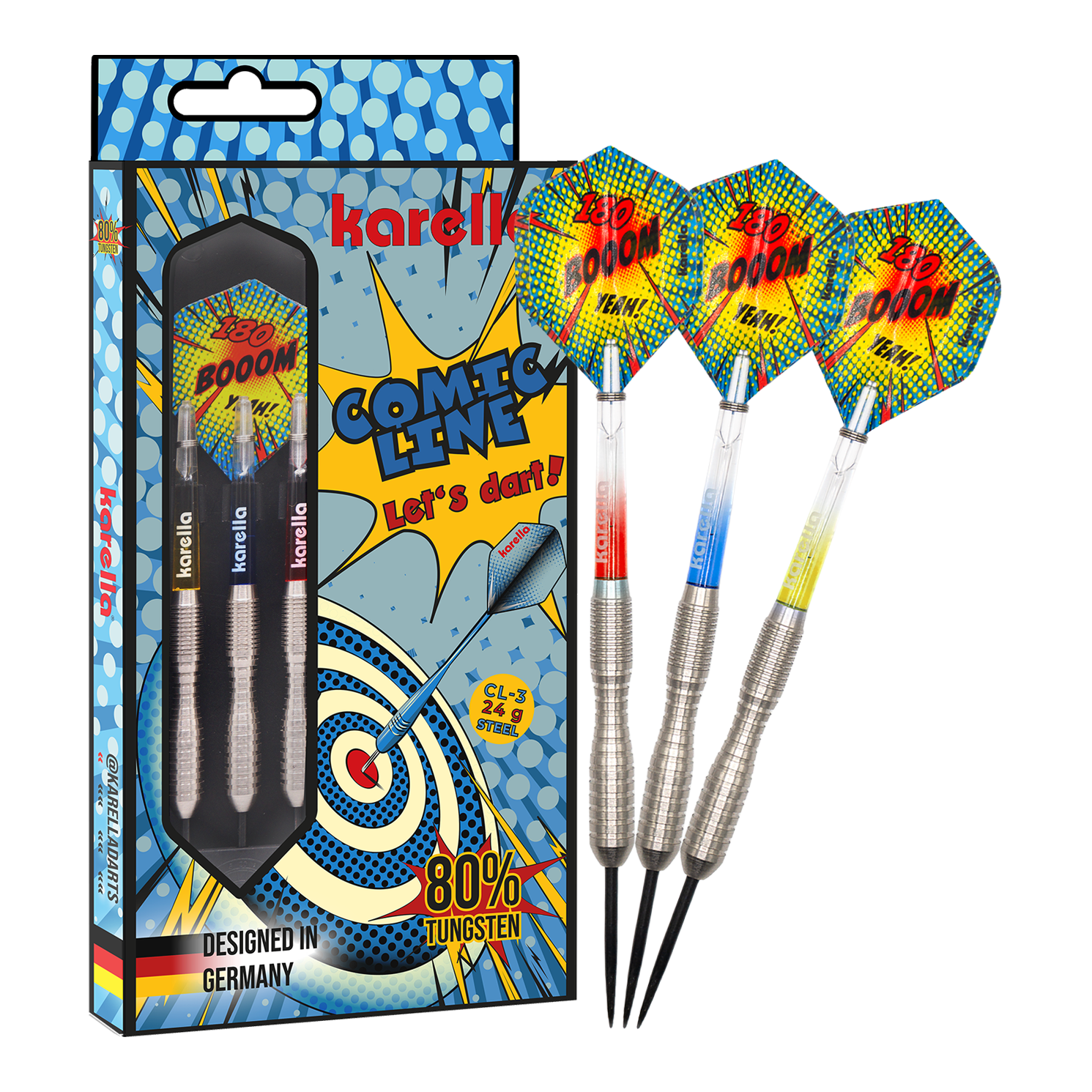 Das Bild zeigt das Produkt Karella Comic Line CL-3 Steeldarts - 24g in voller Länge. Die Steeldarts sind klar zu erkennen.