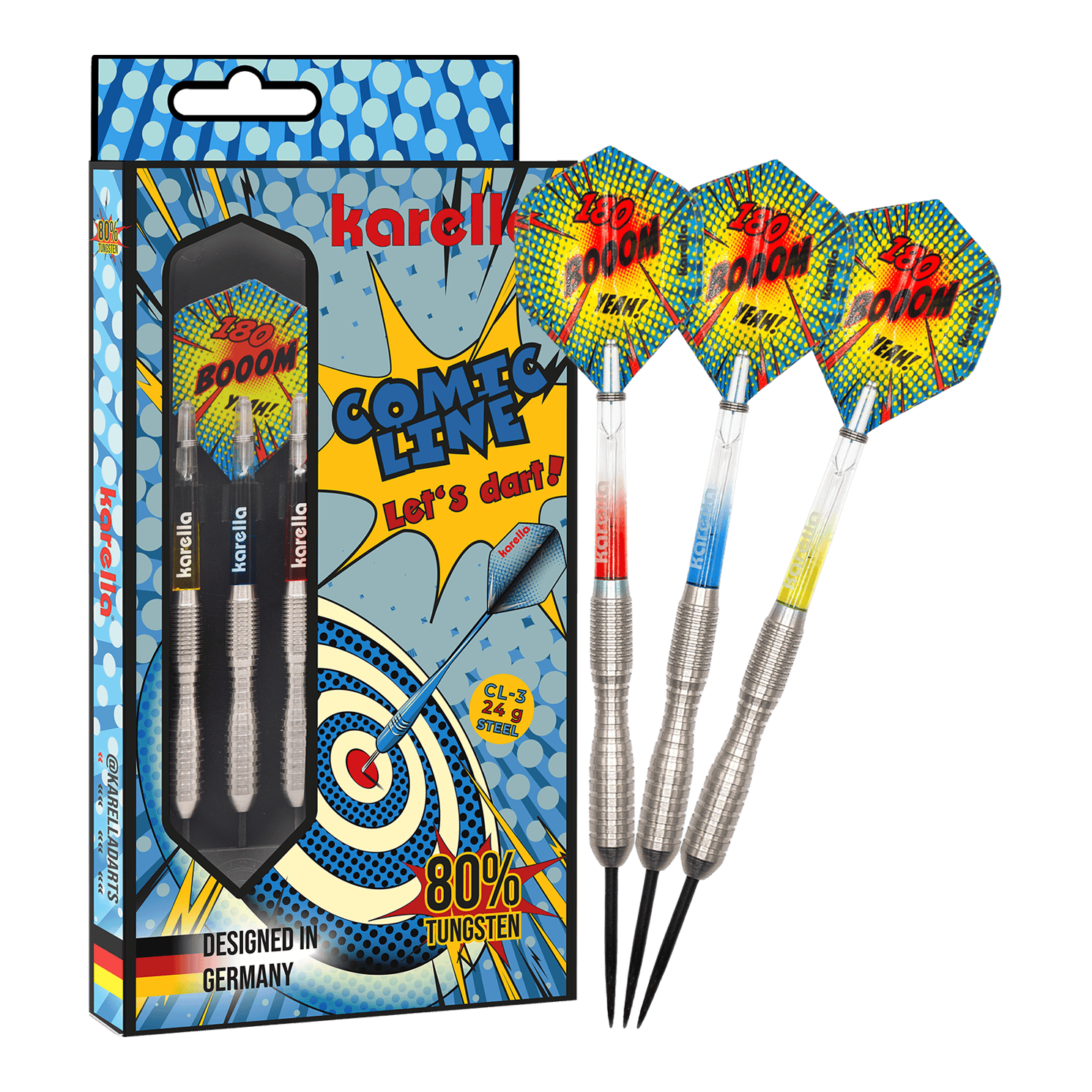 Lotki stalowe Karella Comic Line CL-3 - 24g Das Bild zeigt das Produkt Karella Comic Line CL-3 Steeldarts - 24g in voller Länge. Die Steeldarts sind klar zu erkennen.