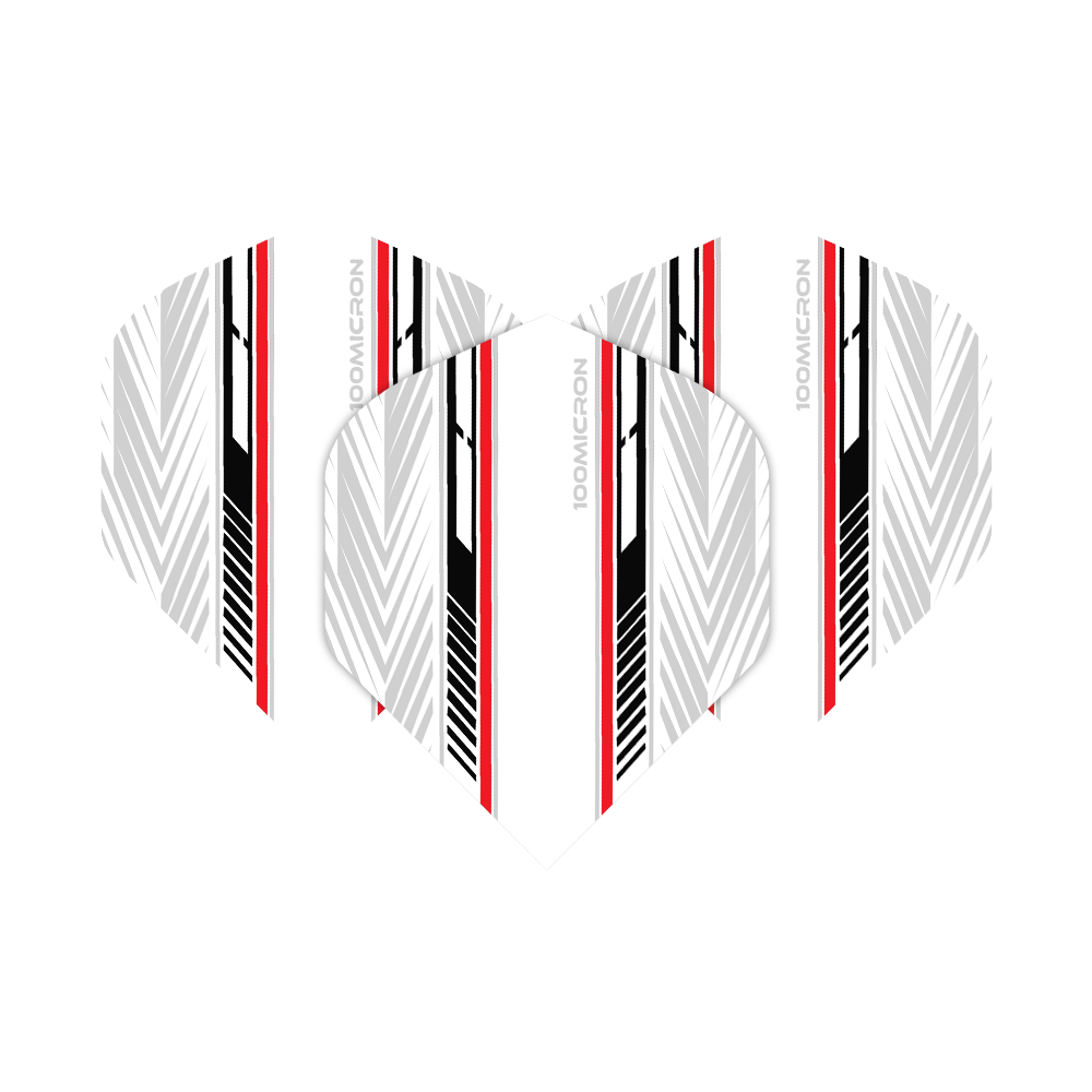 Pentathlon Flights biało-czarno-czerwony Das Bild zeigt die Pentathlon White Black Red No2 Standard Flights. Die Flights haben ein weißes Grunddesign mit schwarzen und roten Streifen sowie grafischen Mustern.
