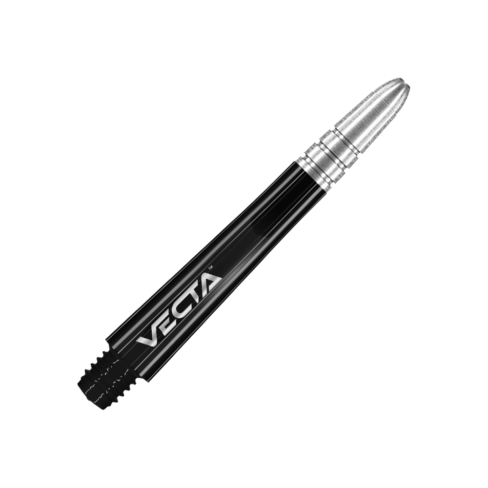 Winmau Vecta Shafts - Schwarz Silber Auf dem Bild ist ein schwarzer und silberner Dart-Schaft mit der Aufschrift "VECTA" zu sehen. Der Schaft hat ein glänzendes Design und einen metallischen Abschluss.