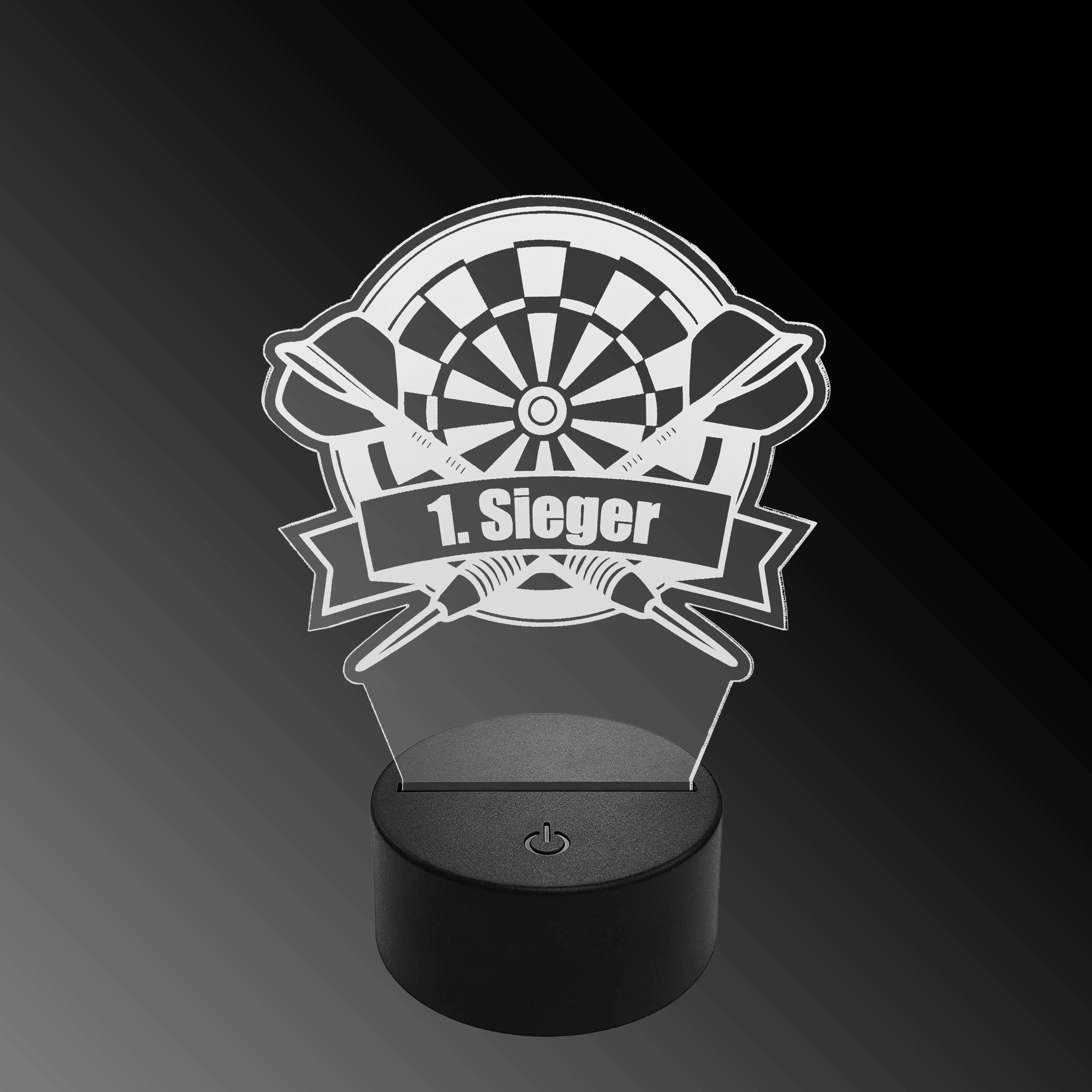 Lampa rzutkowa LED z pleksiglasu z niestandardowym tekstem Das Bild zeigt eine LED-Lampe mit einem Plexiglasaufsatz in Form eines Dartboards und zwei gekreuzten Darts. Auf dem Schild steht "1. Sieger" geschrieben.