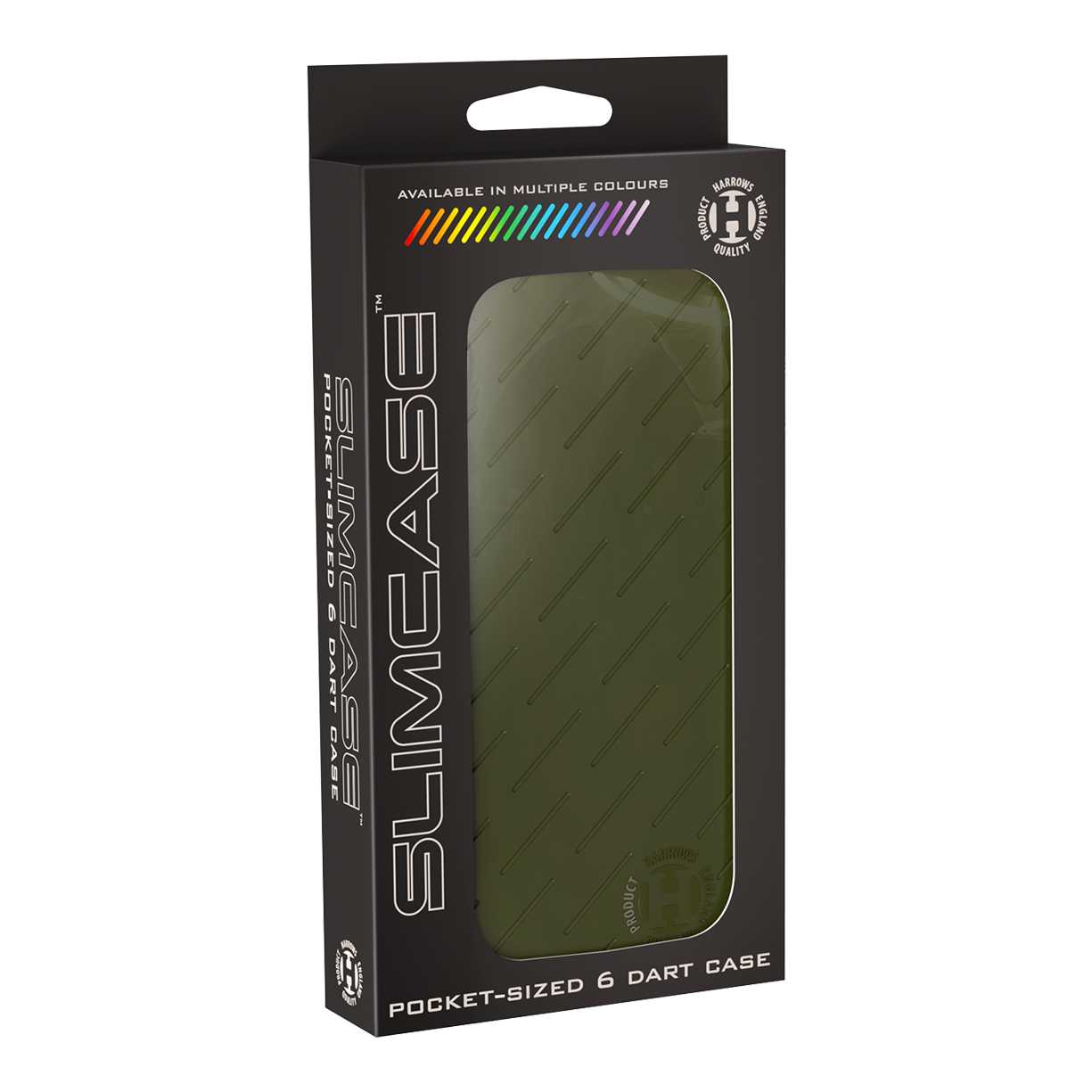 Die Abbildung zeigt eine grüne Slimcase Darttasche in ihrer Verpackung. Auf der Verpackung steht "Pocket-sized 6 Dart Case" und sie ist in mehreren Farben erhältlich.