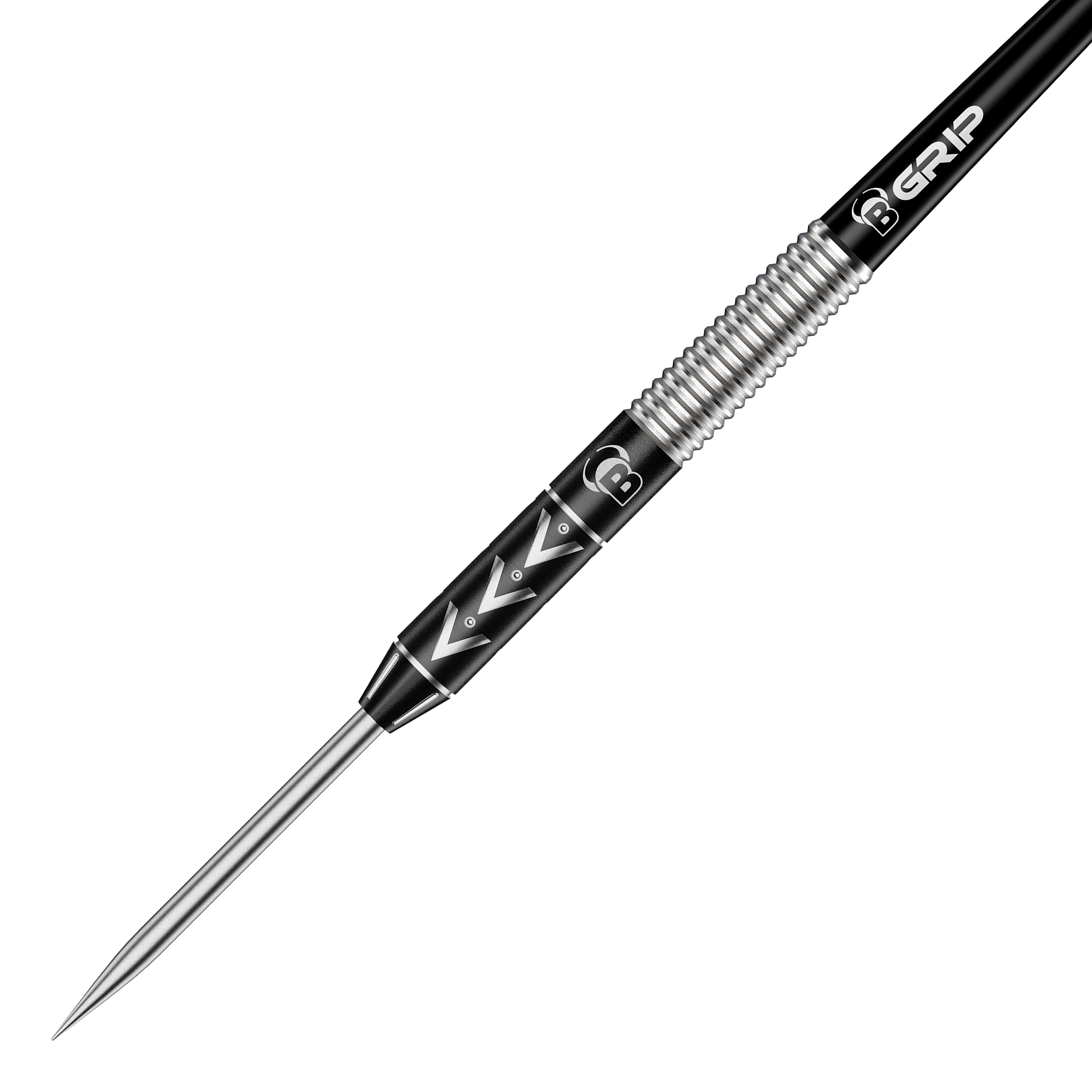 Rzutki stalowe Bulls Challenger Arno Merk - 22g Das Bild zeigt einen Bulls Challenger Arno Merk Steeldart mit einem Gewicht von 22g. Der Dartpfeil hat ein silber-schwarzes Design mit markanten Rillen und einem spitzen Metallende.