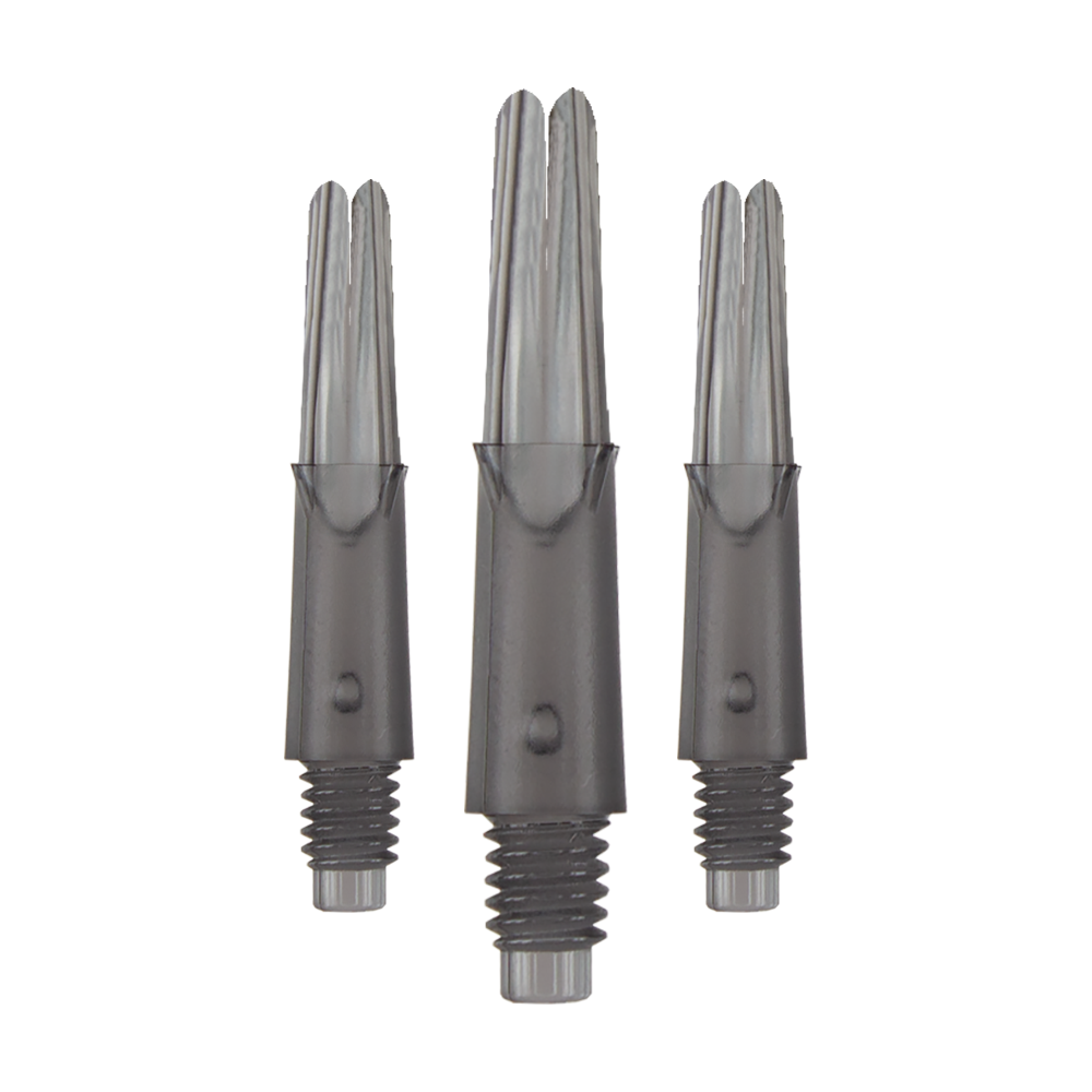 Wałki L-L-Style-Shafts blokowane proste - przezroczysta czerń Auf dem Bild sind drei transparente, schwarze Dart-Schäfte zu sehen. Sie stehen aufrecht nebeneinander und haben ein Gewinde am unteren Ende.