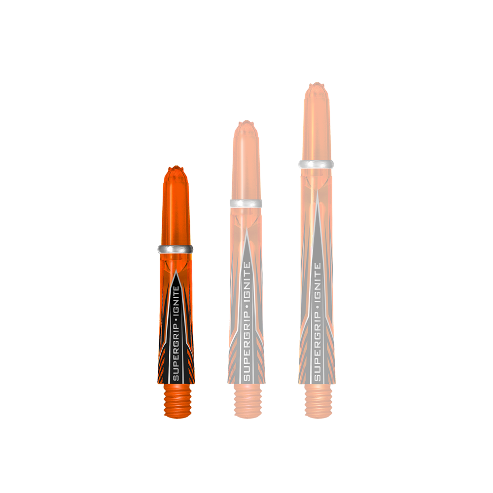 Das Bild zeigt drei orangefarbene Harrows Supergrip Ignite Shafts in unterschiedlichen Längen. Die Aufschrift "Supergrip Ignite" ist deutlich auf jedem Schaft zu sehen.