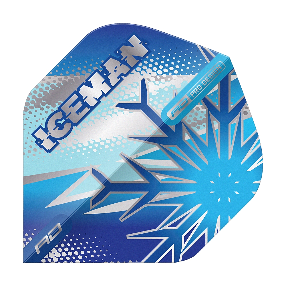 Czerwony Smok Gerwyn Price Niebieski Płatek No2 Standardowe Loty Das Bild zeigt ein Dart-Flight mit frostigem, blauem Design und einer großen Schneeflocke. Auf dem Flight steht das Wort "ICEMAN" in auffälligen Lettern.