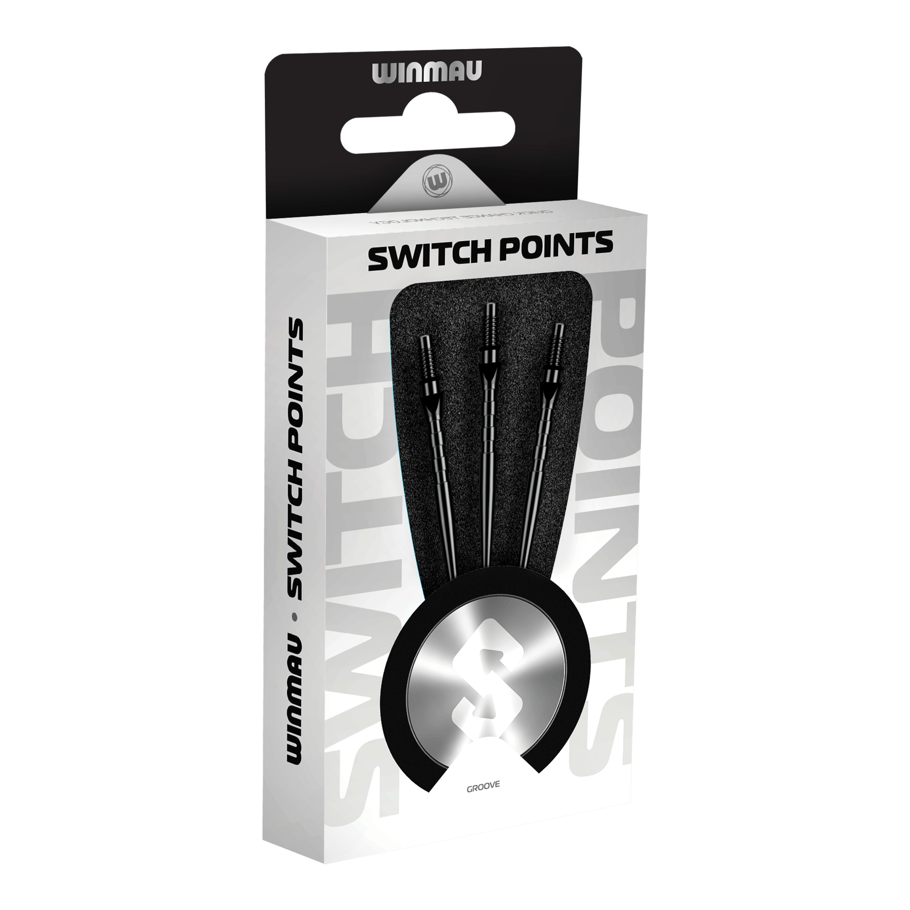 Abgebildet sind Winmau Switch Point Groove Steeldartspitzen in Schwarz. Die Dartspitzen haben Rillen und eine schwarze Farbe.