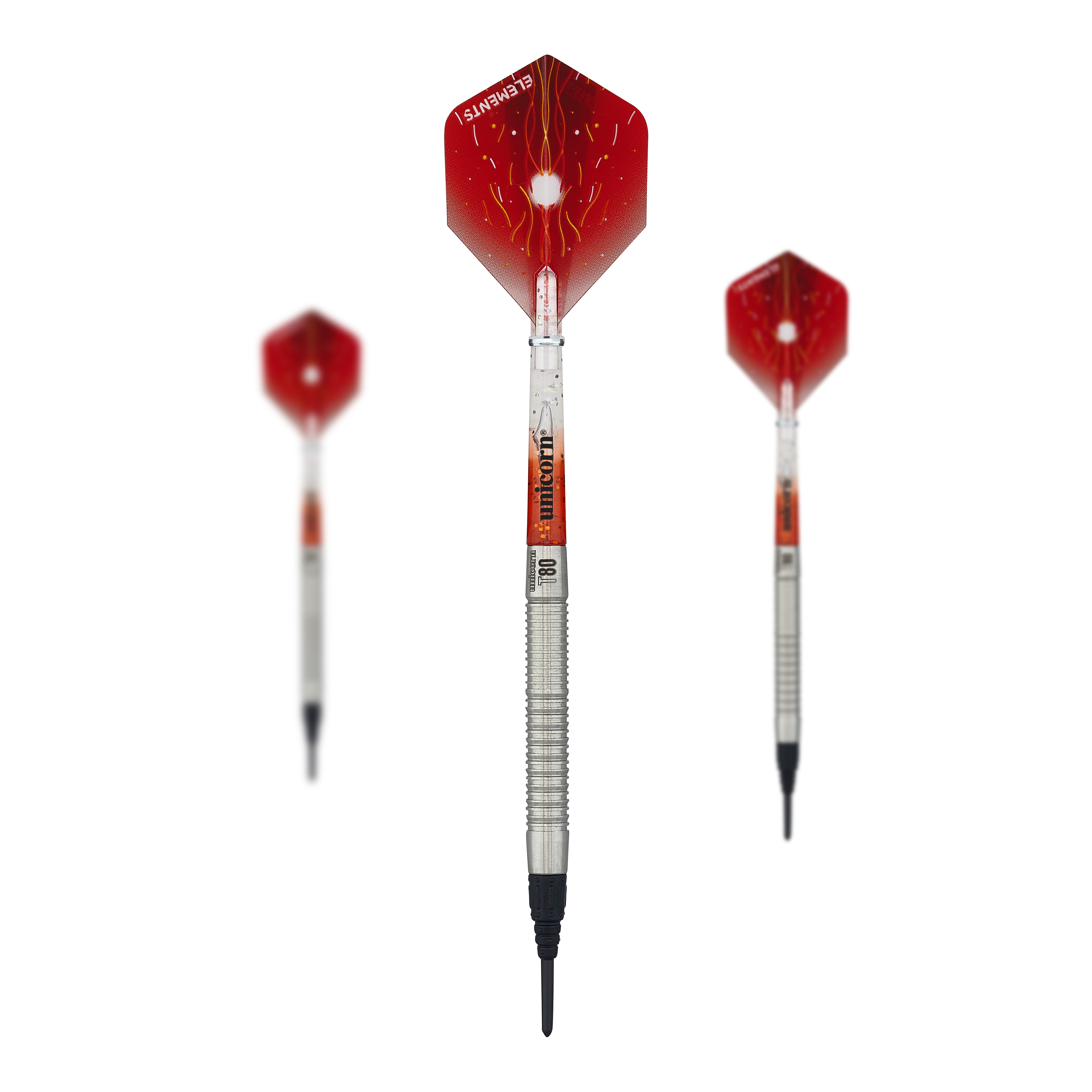 Unicorn Core XL Striker Style 1 Miękkie lotki - 19 g Das Bild zeigt drei Softdarts des Modells "Unicorn Core XL Striker Style 1" mit einem Gewicht von 19g. Die Flights der Darts sind rot mit einem Blitzdesign, und die Schäfte sind silbern.