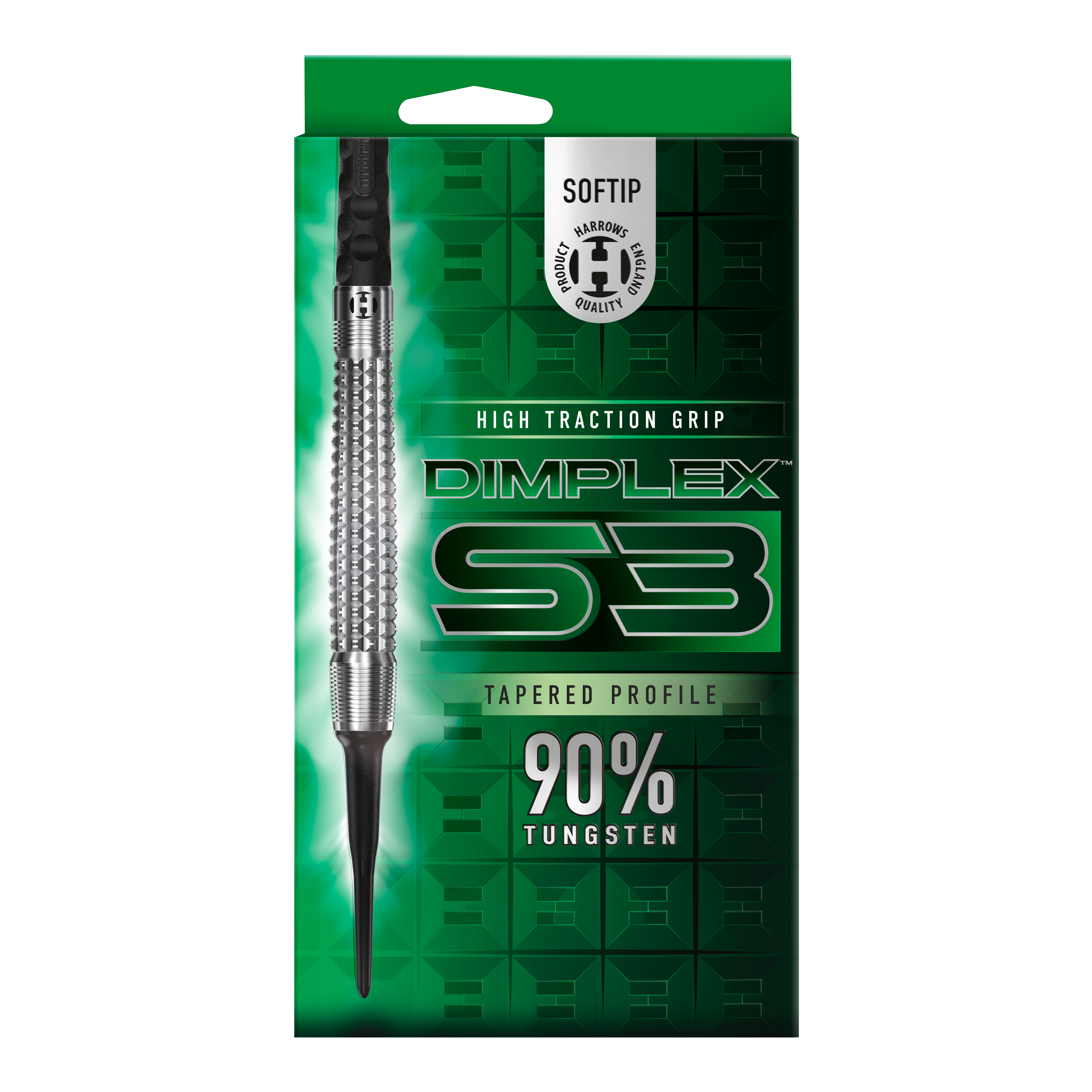 Harrows Dimplex S3 Tapered Soft Darts Das Bild zeigt die Verpackung der "Harrows Dimplex S3 Tapered Softdarts". Auf der Packung steht, dass die Darts einen hohen Grip und einen 90%igen Tungsten-Anteil haben.