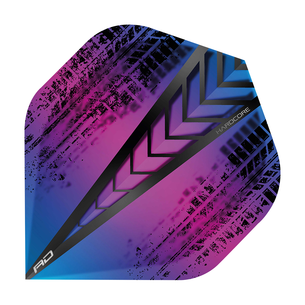 TF6334_Red_Dragon_Hardcore_Standard_Flights_6334_1 Das Bild zeigt das Produkt "Red Dragon Hardcore Standard Flights 6334". Das Flight hat ein auffälliges Design mit schwarz-violetten und blauen Farbverläufen sowie einem modernen Muster.