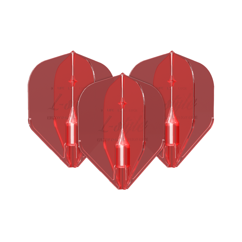 Lotki L-Style Fantom L1EZ w kolorze czerwonym Das Bild zeigt drei rote Dart-Flights des Modells "L-Style Fantom L1EZ". Sie sind aus durchsichtigem Material gefertigt und haben eine klassische Form.