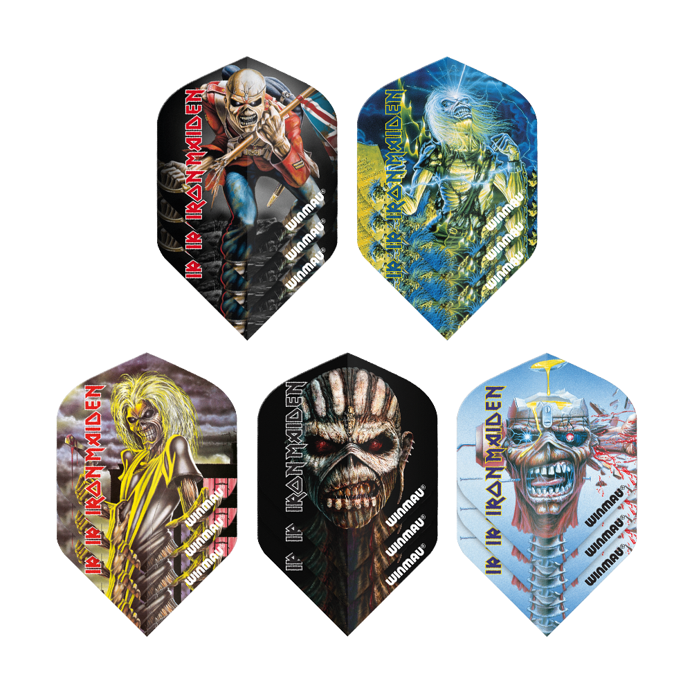 Winmau Iron Maiden Flight Selector Das Bild zeigt fünf verschiedene Dart-Flights mit Iron Maiden-Motiven der Marke Winmau. Jeder Flight hat ein einzigartiges Design im Stil der bekannten Heavy-Metal-Band.
