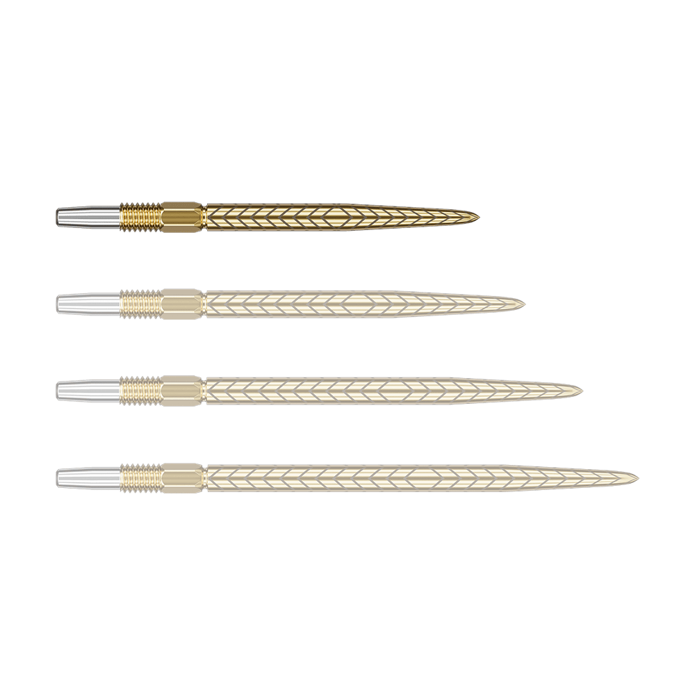 Groty do lotek Target Swiss Point RVE – złote Auf dem Bild sind vier goldfarbene Dartspitzen mit silbernem Gewinde zu sehen. Sie liegen nebeneinander und haben ein feines Muster auf der Oberfläche.