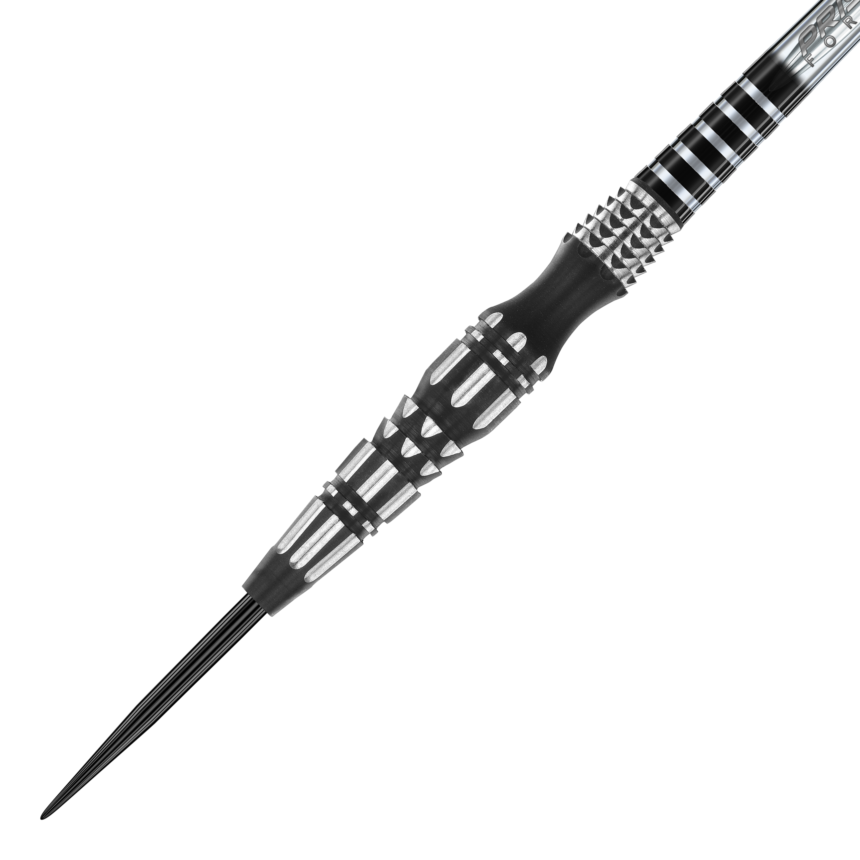 Stalowe strzałki Winmau Sniper Special Edition V2 Das Bild zeigt einen Winmau Sniper Special Edition V2 Steeldart. Der Dartpfeil hat ein schwarz-silbernes Design mit markanten Rillen und Mustern am Griff.
