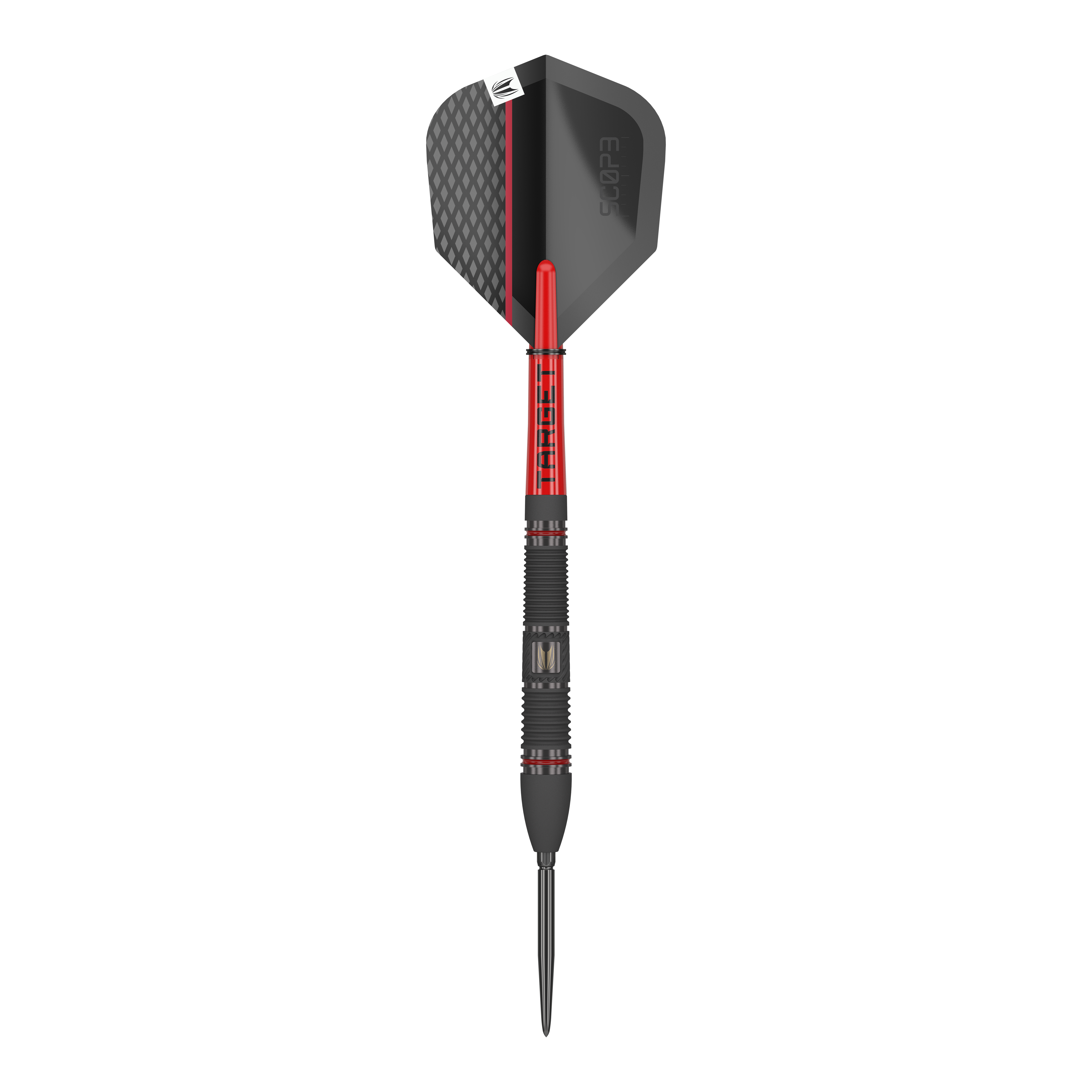 Stalowe lotki Target Scope 02 Swiss Point Das Bild zeigt einen Target Scope 02 Swiss Point Steeldart. Der Dart ist schwarz und rot gestaltet und hat eine strukturierte Spitze sowie ein modernes Flight-Design.