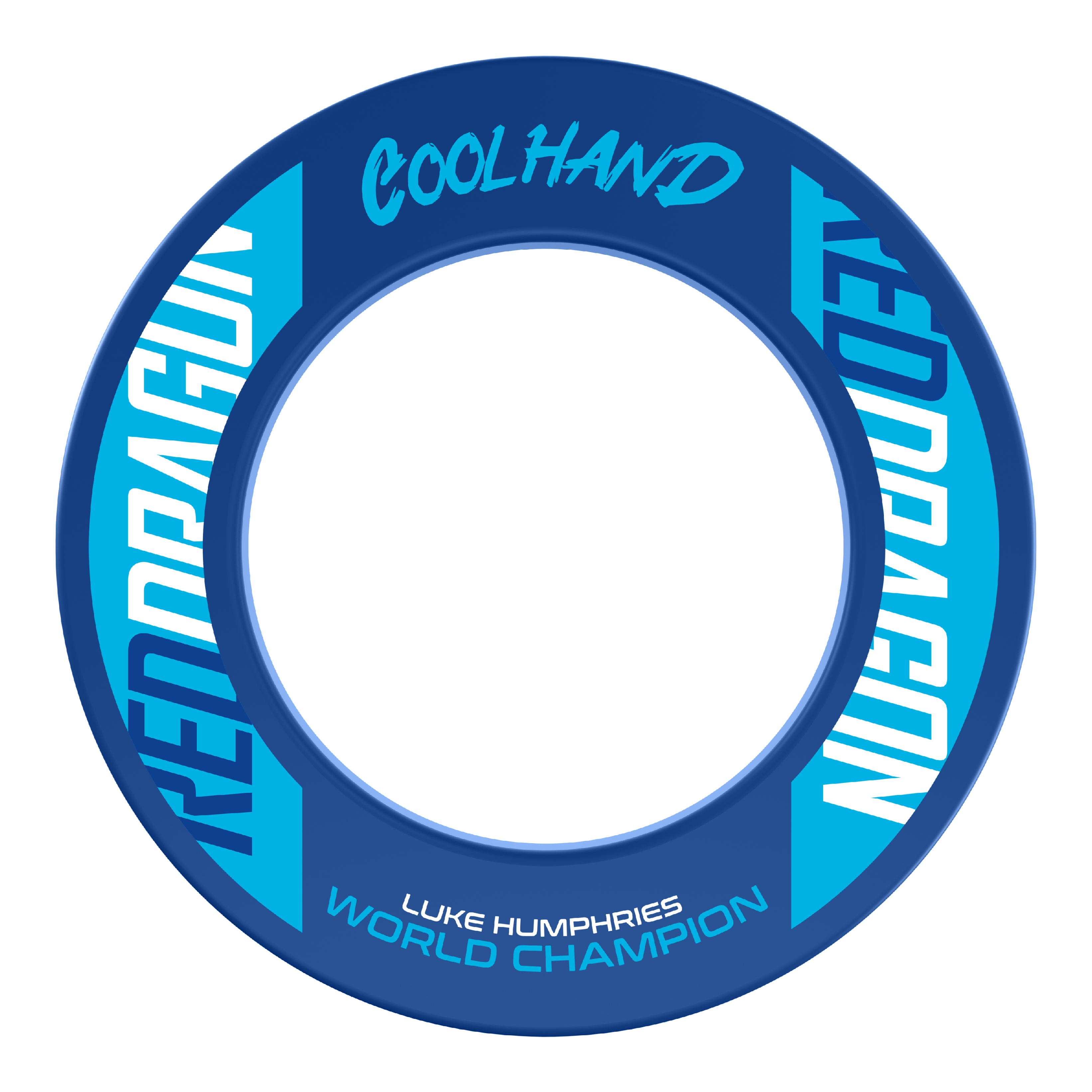 Das Bild zeigt den "Red Dragon Luke Humphries World Champion Dartboard Surround" in Blau mit weißen und hellblauen Schriftzügen. Auf dem Produkt stehen die Wörter "Coolhand", "Red Dragon" und "Luke Humphries World Champion".
