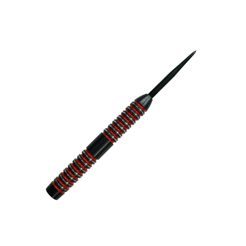 Lufy McDart Crimson Steeldart Das Bild zeigt einen McDart Crimson Steeldart Barrel. Der Barrel ist schwarz mit auffälligen roten Ringen und hat ein gerilltes Design für besseren Halt.
