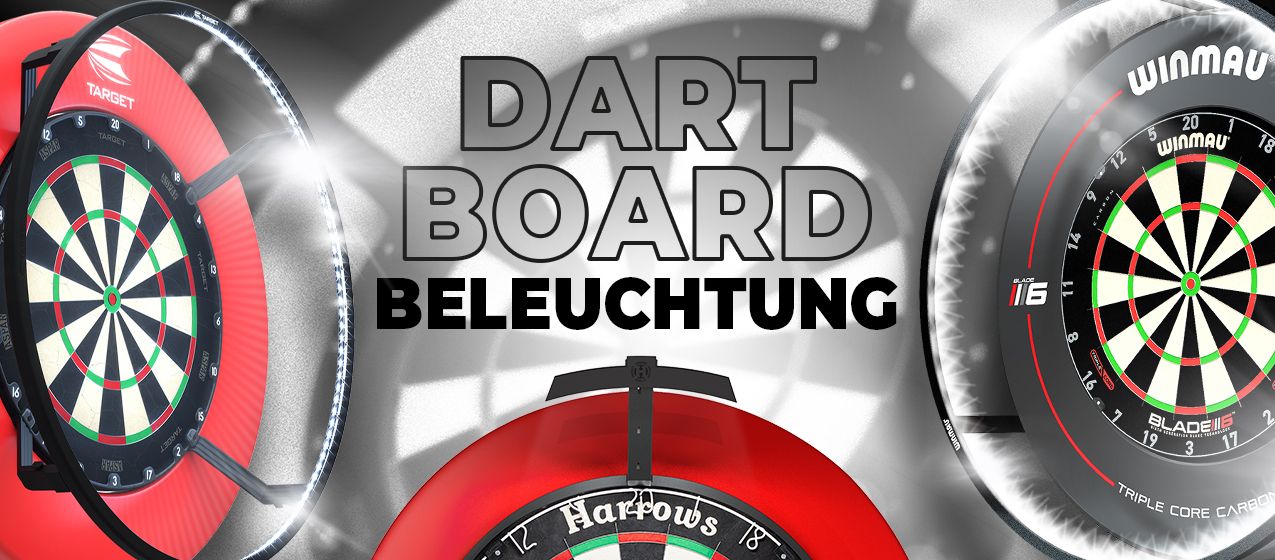 Das Bild zeigt drei Dartboards mit spezieller Beleuchtung. In der Mitte steht der Text "DART BOARD BELEUCHTUNG".