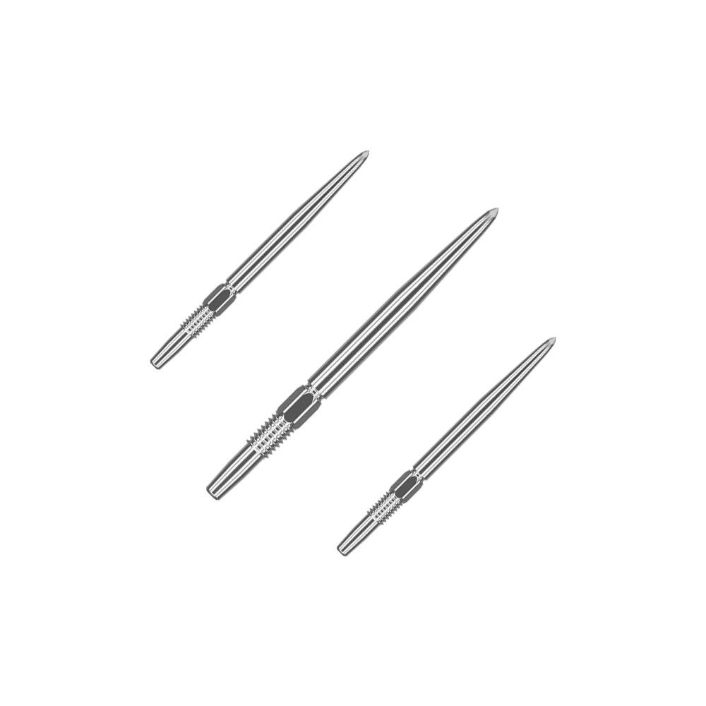Końcówki do lotek Target Swiss Point Silver Das Bild zeigt drei silberne Dartspitzen, die nebeneinander liegen. Sie sind lang und schmal mit gerillten Griffbereichen.