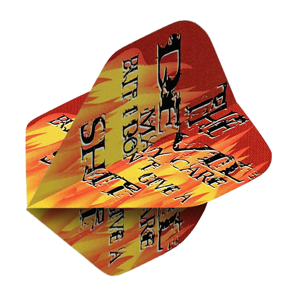 Loty pięcioboju: Diabeł może się tym przejmować Das Bild zeigt ein Dart-Flight namens "Pentathlon The Devil May Care No2 Standard Flights". Das Design ist in Rot und Gelb gehalten und zeigt auffällige Schriftzüge sowie Flammenmotive.