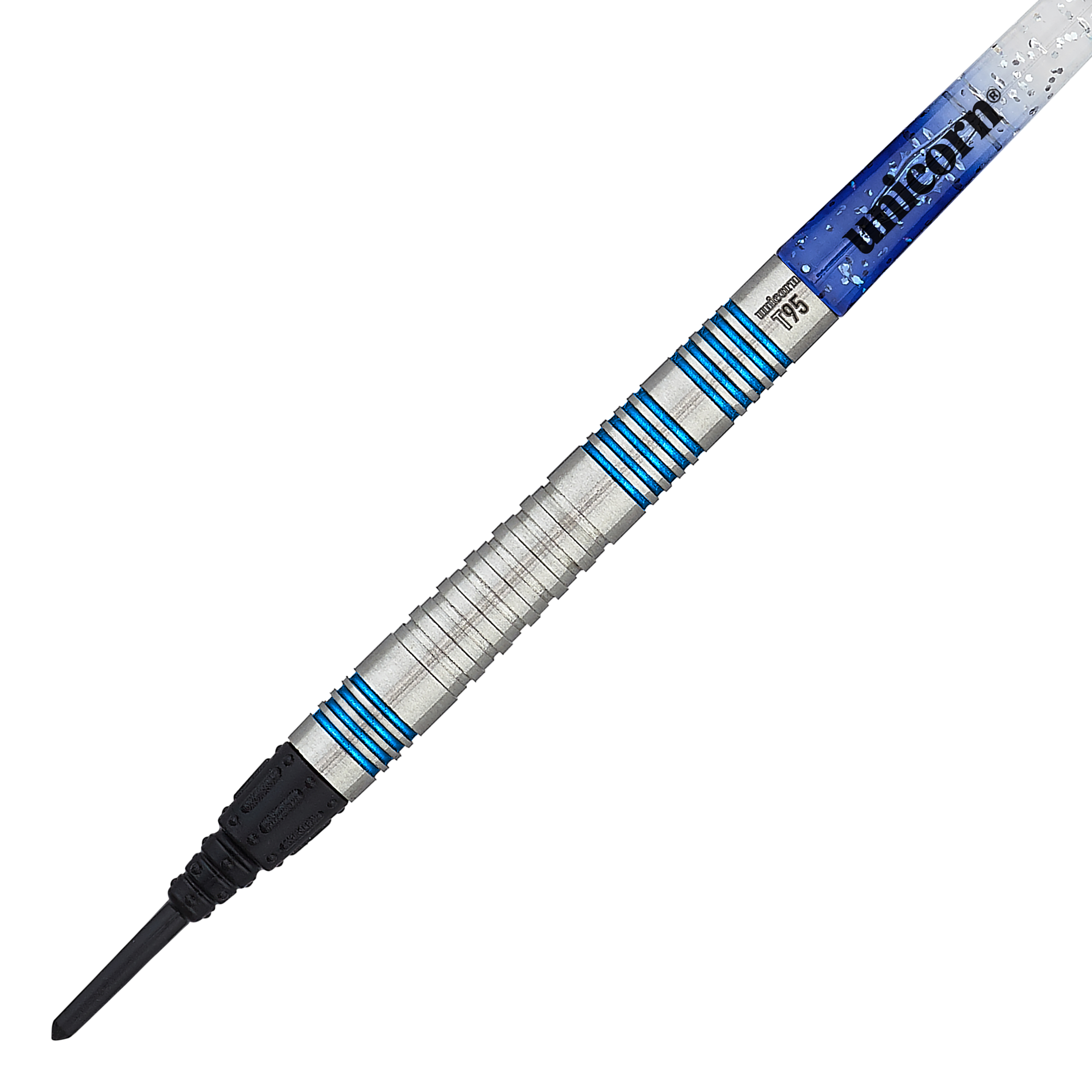 Unicorn T95 Core XL Blue miękkie lotki Dies ist ein Unicorn T95 Core XL Blue Softdart. Der Dart hat silberne Rillen mit blauen Akzenten und einen blauen Schaft.