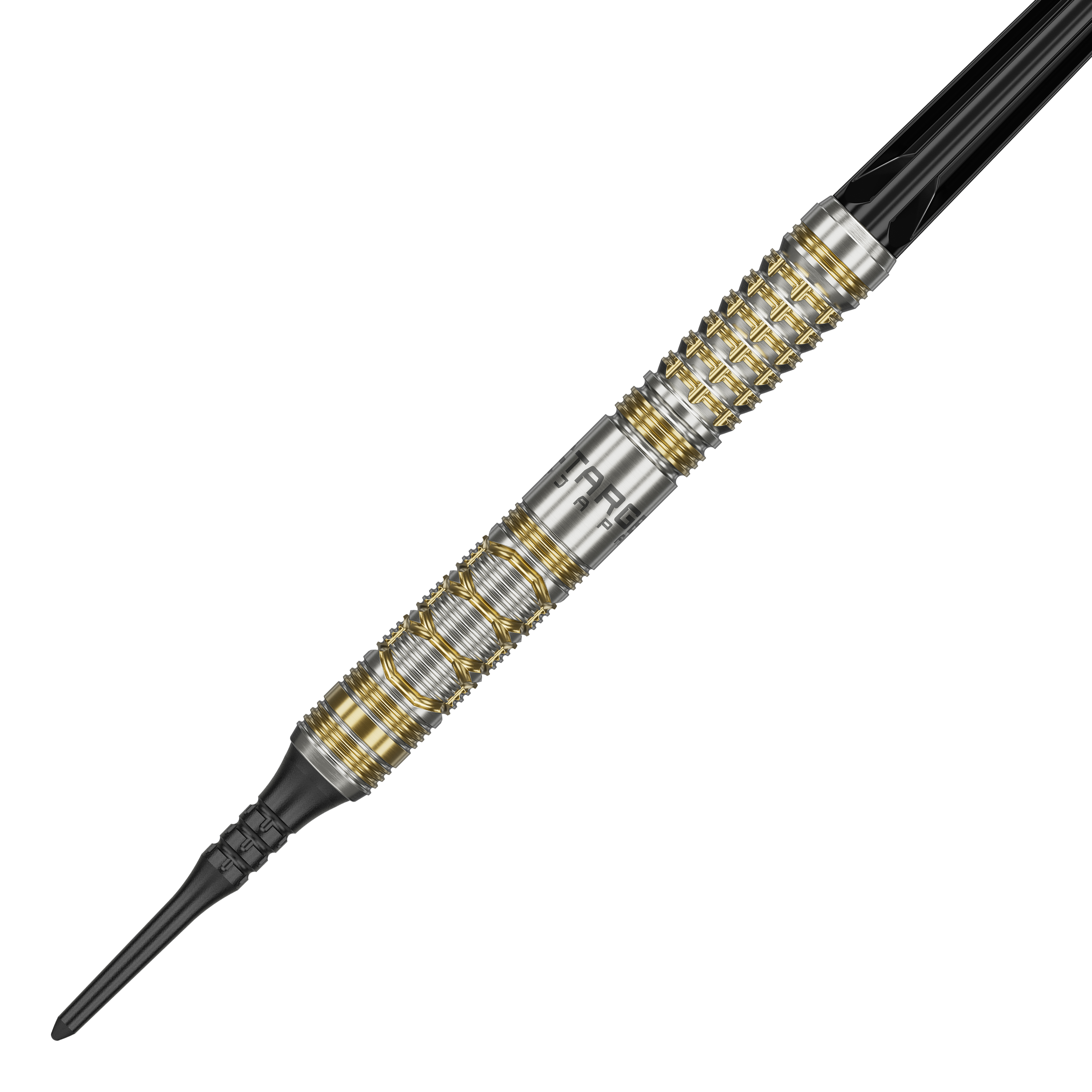 Das Bild zeigt den Softdart "Target Japan Black Marque Reyn GEN2" mit einem Gewicht von 17,5 g. Der Dartpfeil hat ein silbernes Design mit goldenen Akzenten und einer schwarzen Spitze.