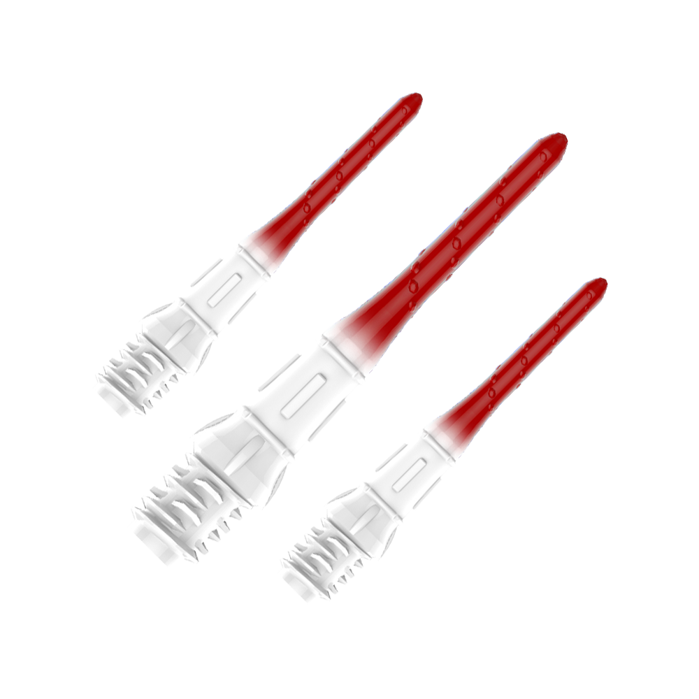 Końcówki do brwi L-Style Premium Lippoint Gradiation Dart Tips (opakowanie 30 sztuk) Das Bild zeigt drei hochwertige Dartspitzen mit einem Farbverlauf von Weiß zu Rot. Die Spitzen sind ordentlich nebeneinander angeordnet und haben eine glänzende Oberfläche.