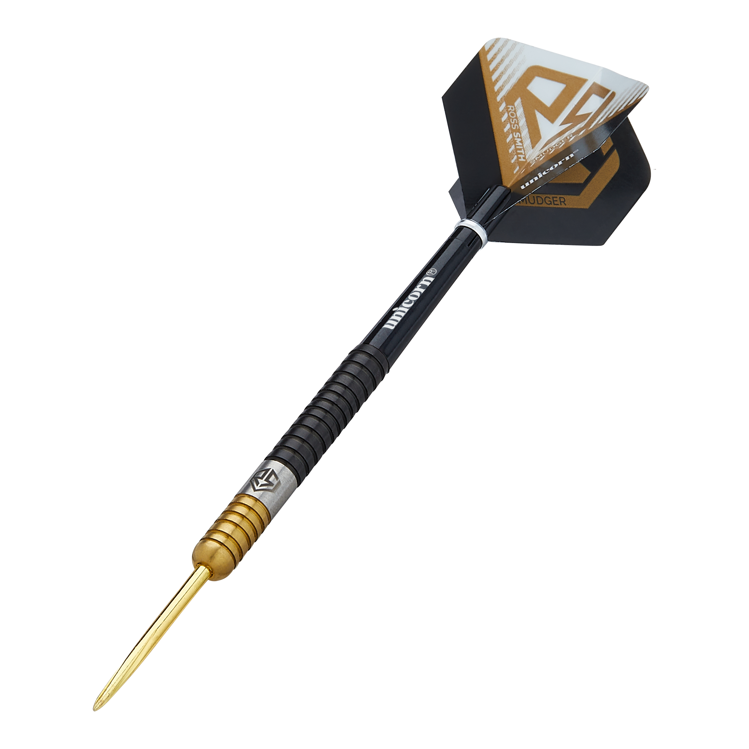 Dies ist ein Steeldart namens "Unicorn Ross Smith Two-Tone Steeldarts". Er hat eine goldene Spitze, einen zweifarbigen Griff und schwarze Flights mit gold-weißen Akzenten.
