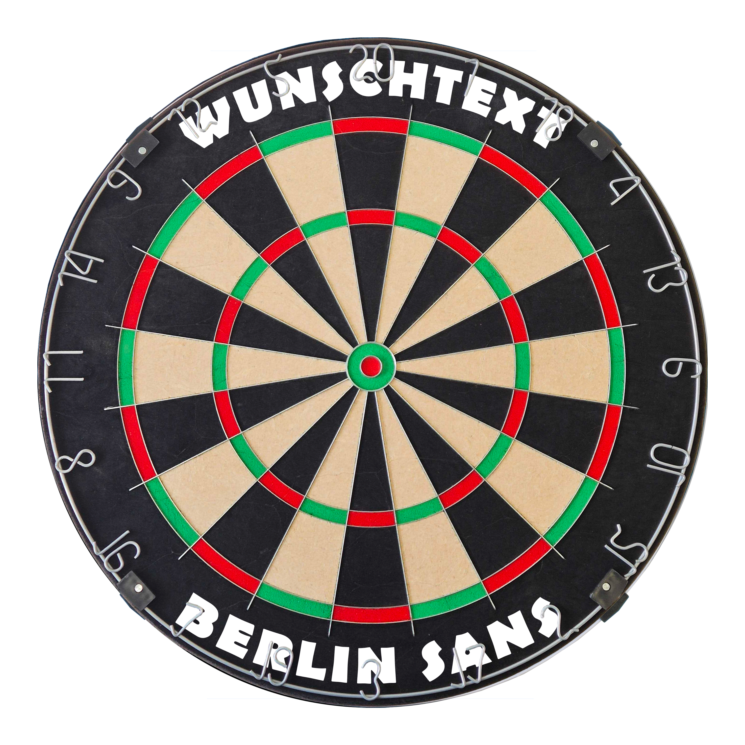 Das Bild zeigt ein Dartboard mit silbernem Ring und BerlinSans-Schrift. Die Datei heißt 'MCDB_Dartboard_mit_Wunschtext_TraditionellerRingSilber_1_BerlinSans'.