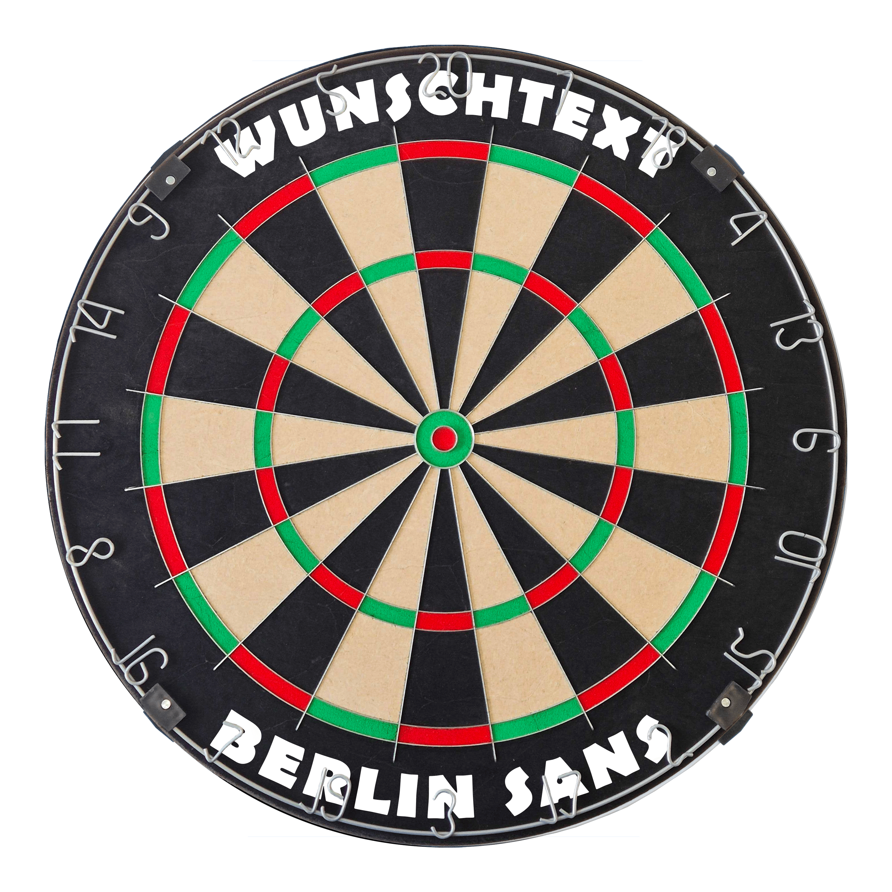 Dartboard mit Wunschtext Das Bild zeigt ein Dartboard mit silbernem Ring und BerlinSans-Schrift. Die Datei heißt 'MCDB_Dartboard_mit_Wunschtext_TraditionellerRingSilber_1_BerlinSans'.