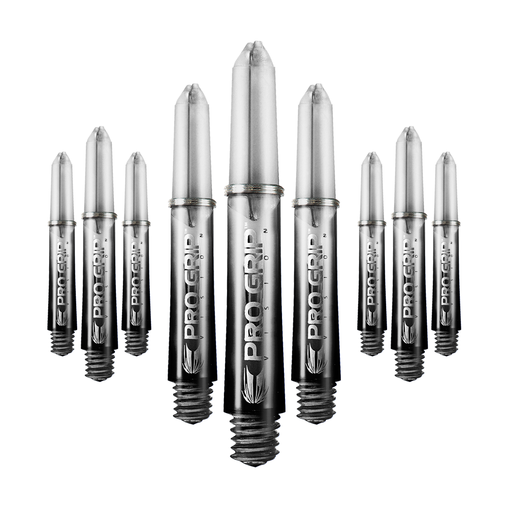 Target Pro Grip Vision Shafts - 3 zestawy - czarne Auf dem Bild sind mehrere schwarze Dartschäfte der Marke "Pro Grip Vision" zu sehen. Sie sind in einer Reihe angeordnet und haben eine glänzende Oberfläche.