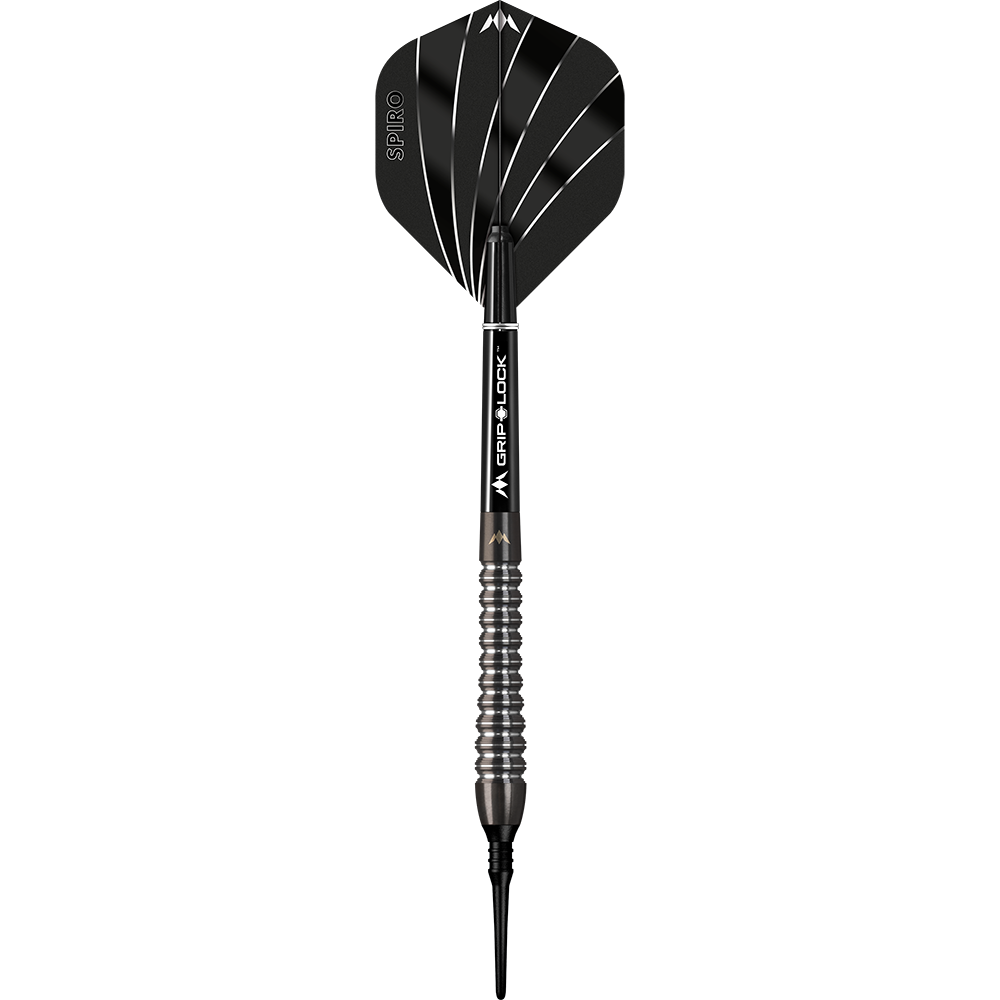 Das Bild zeigt einen Mission Spiro Model 2 Softdart mit einem Gewicht von 19 Gramm. Der Dart hat ein modernes, schwarz-silbernes Design mit Rillen am Griff und einer schwarzen Flight.