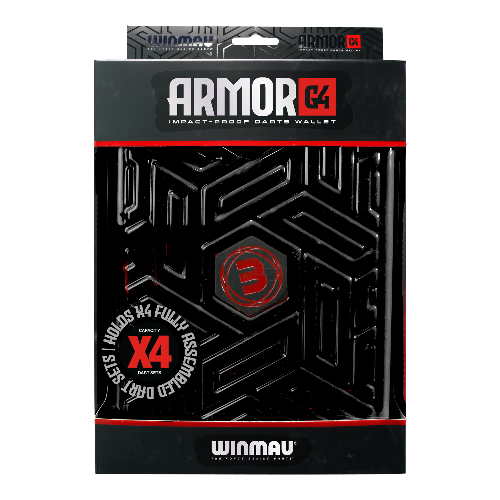 Winmau Armor G4 Dartwallet Auf dem Bild ist ein Winmau Armor G4 Dartwallet in Schwarz zu sehen. Die Verpackung zeigt, dass das Etui stoßfest ist und Platz für vier komplett montierte Dart-Sets bietet.