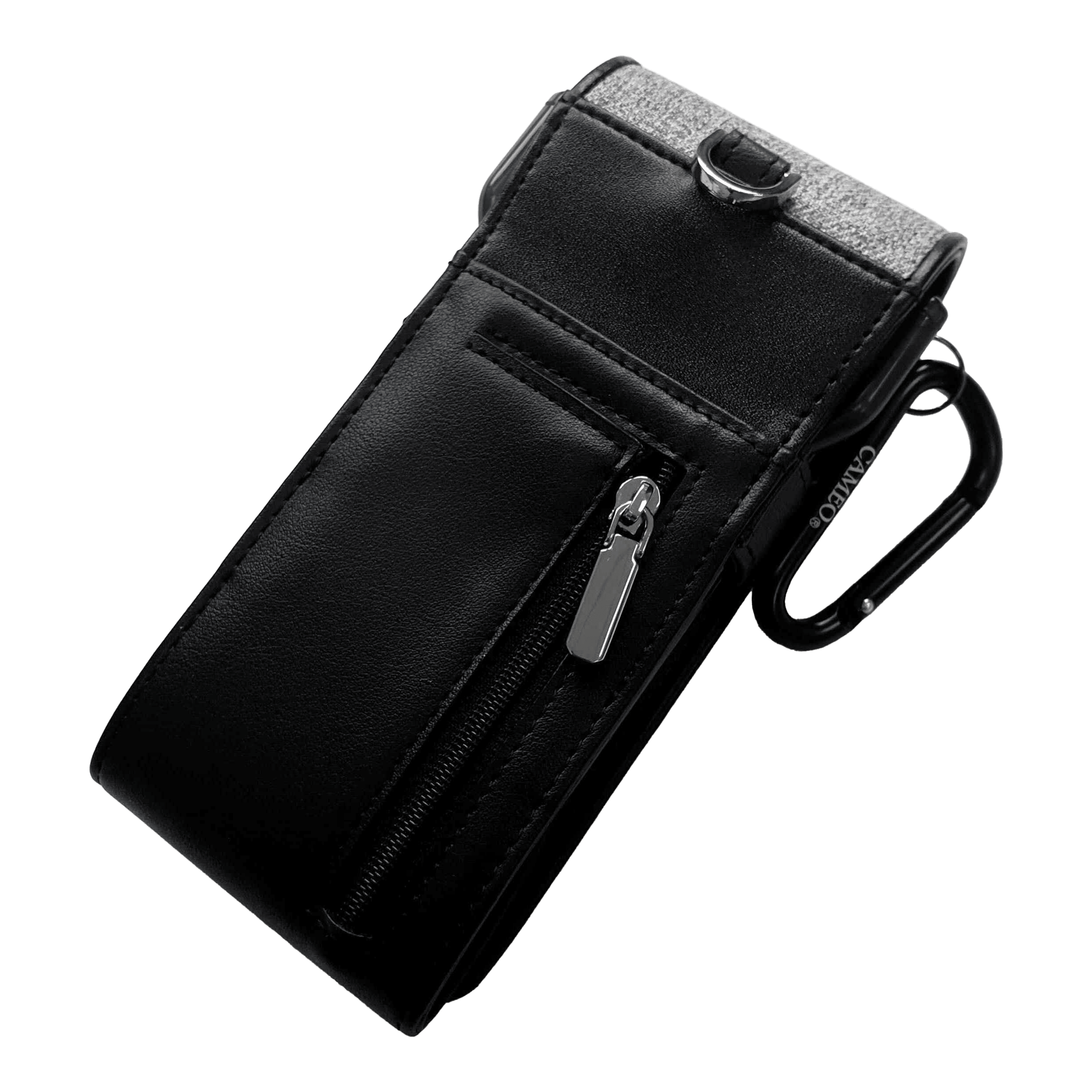 Etui na strzałki Cameo Thread Das Bild zeigt ein elegantes schwarzes Etui mit einem Reißverschlussfach. Es hat einen silbernen Clip und eignet sich ideal zum Aufbewahren von Dartzubehör.