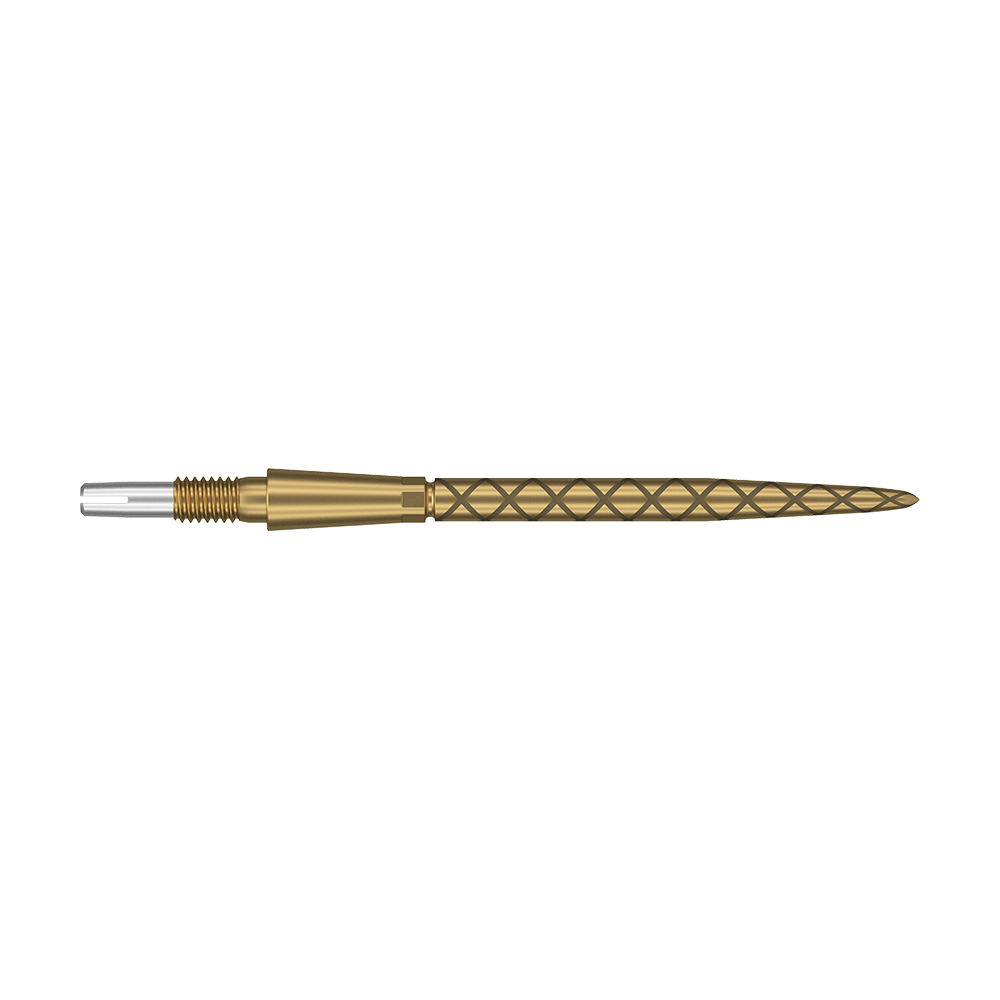 Auf dem Bild ist eine goldene Dartspitze mit Diamantmuster zu sehen. Die Spitze ist lang und hat am hinteren Ende einen silbernen Schraubaufsatz.