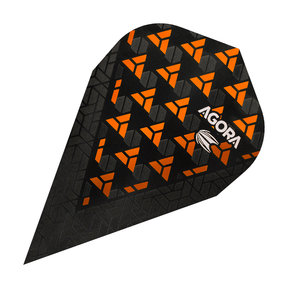 Das Bild zeigt einen Target Agora Ghost Orange Vapor Flight für Darts. Das Flight ist schwarz mit auffälligen orangefarbenen Mustern und dem Aufdruck „AGORA“.