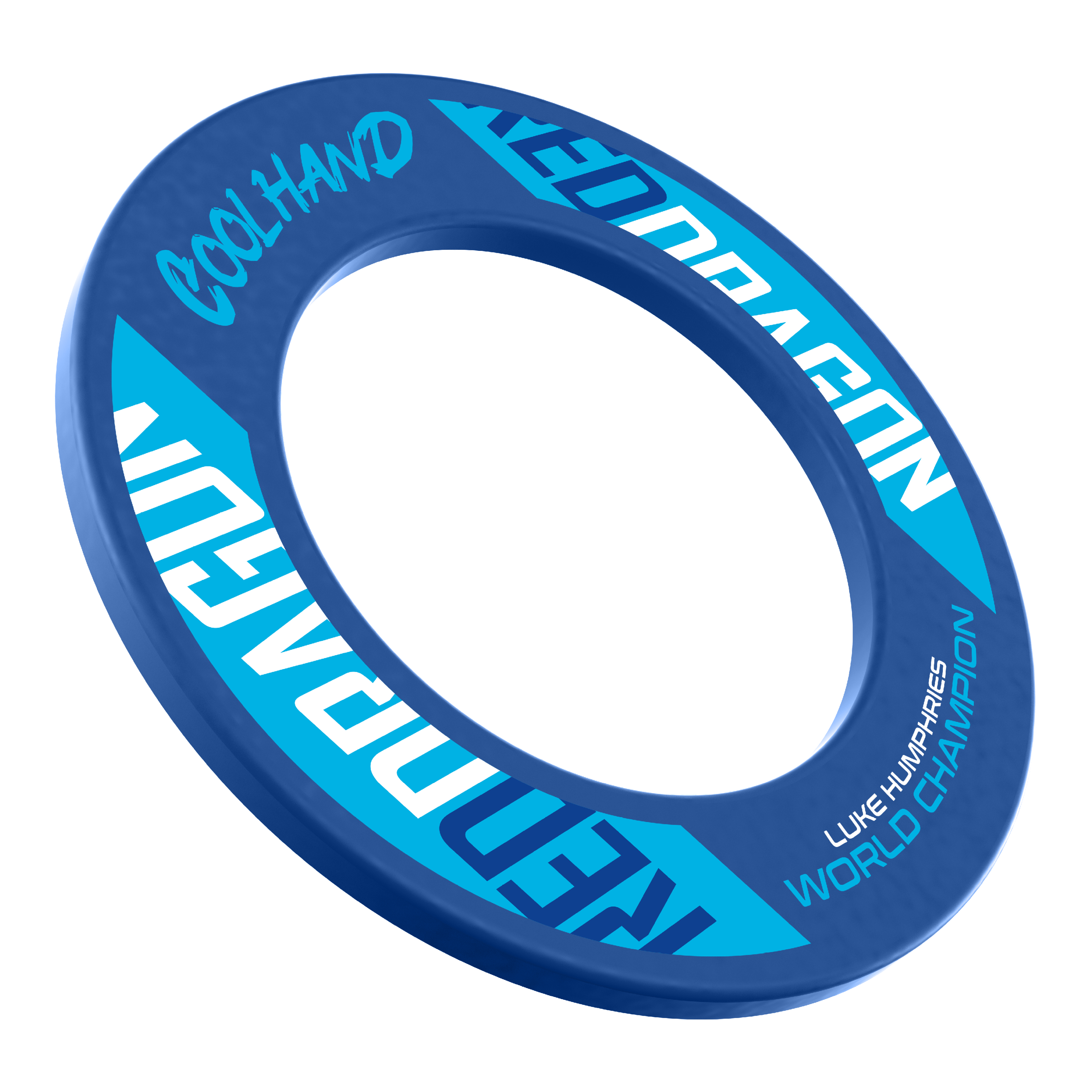 Das Bild zeigt ein blaues Dartboard-Surround mit der Aufschrift "Red Dragon" und "Cool Hand". Auf dem Surround steht außerdem "Luke Humphries World Champion".