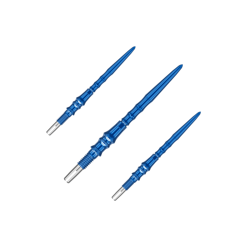 Końcówki do lotek Target Japan Premium Swiss Point – niebieskie Auf dem Bild ist ein Set von blauen Dartspitzen zu sehen. Die Spitzen sind jeweils 30 mm lang.