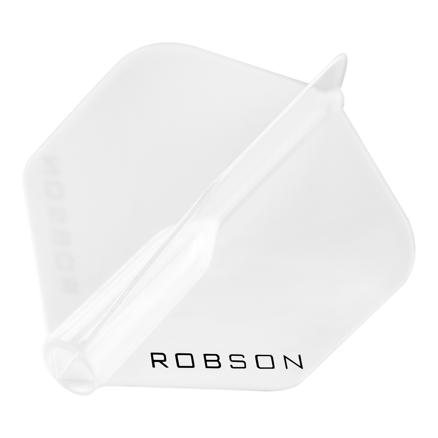 Das Bild zeigt einen transparenten Dartflight mit der Aufschrift "ROBSON". Der Flight hat eine standardmäßige, sechseckige Form.