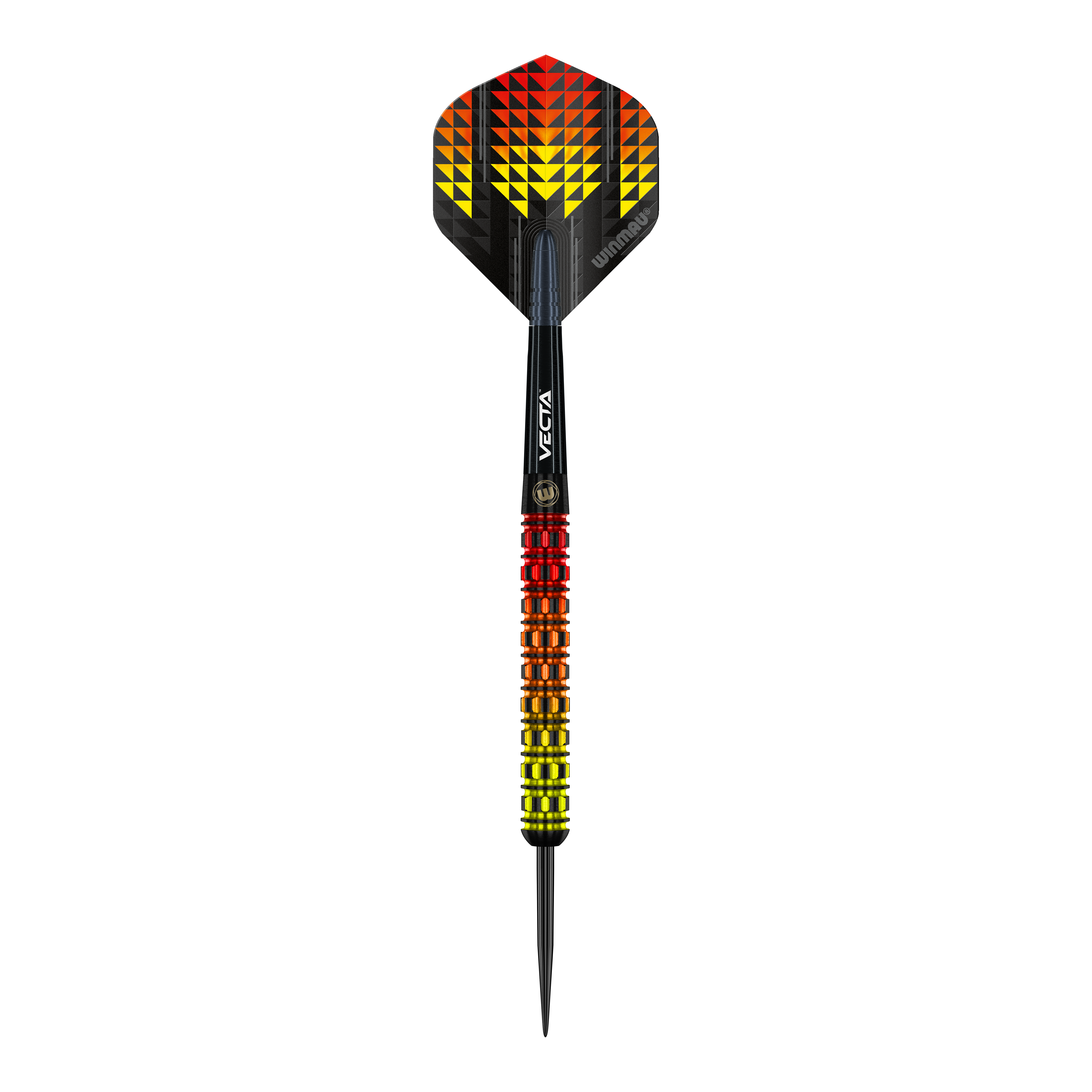 Winmau Firestorm Flame Parallel Steeldarts Der Winmau Firestorm Flame Parallel Steeldart hat ein auffälliges Design in Flammenfarben mit gelben, orangefarbenen und roten Akzenten. Der Schaft und Flight sind schwarz mit geometrischen Mustern, die an Feuer erinnern.