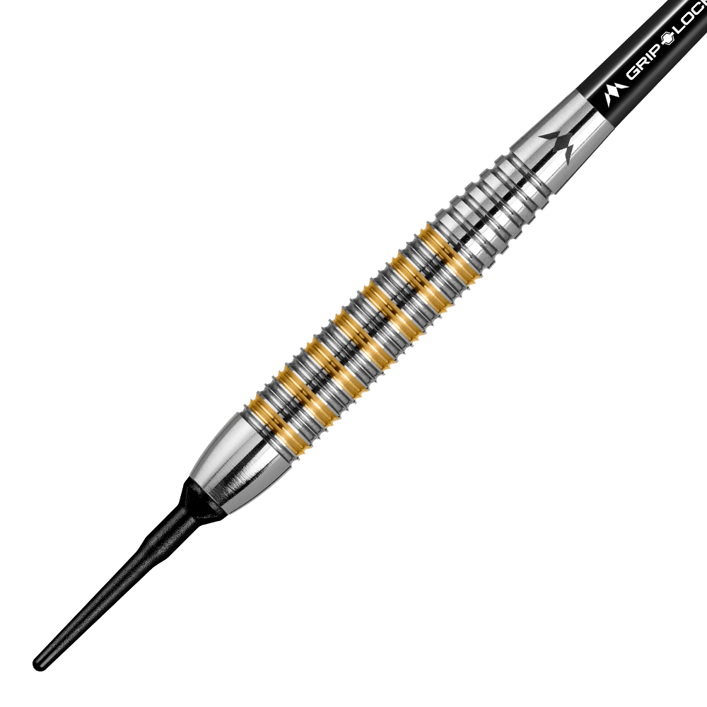 Der Mission Ardent Model 2 Softdart wiegt 18 Gramm. Er hat ein silbernes Barrel mit goldfarbenen Rillen und einer schwarzen Spitze.