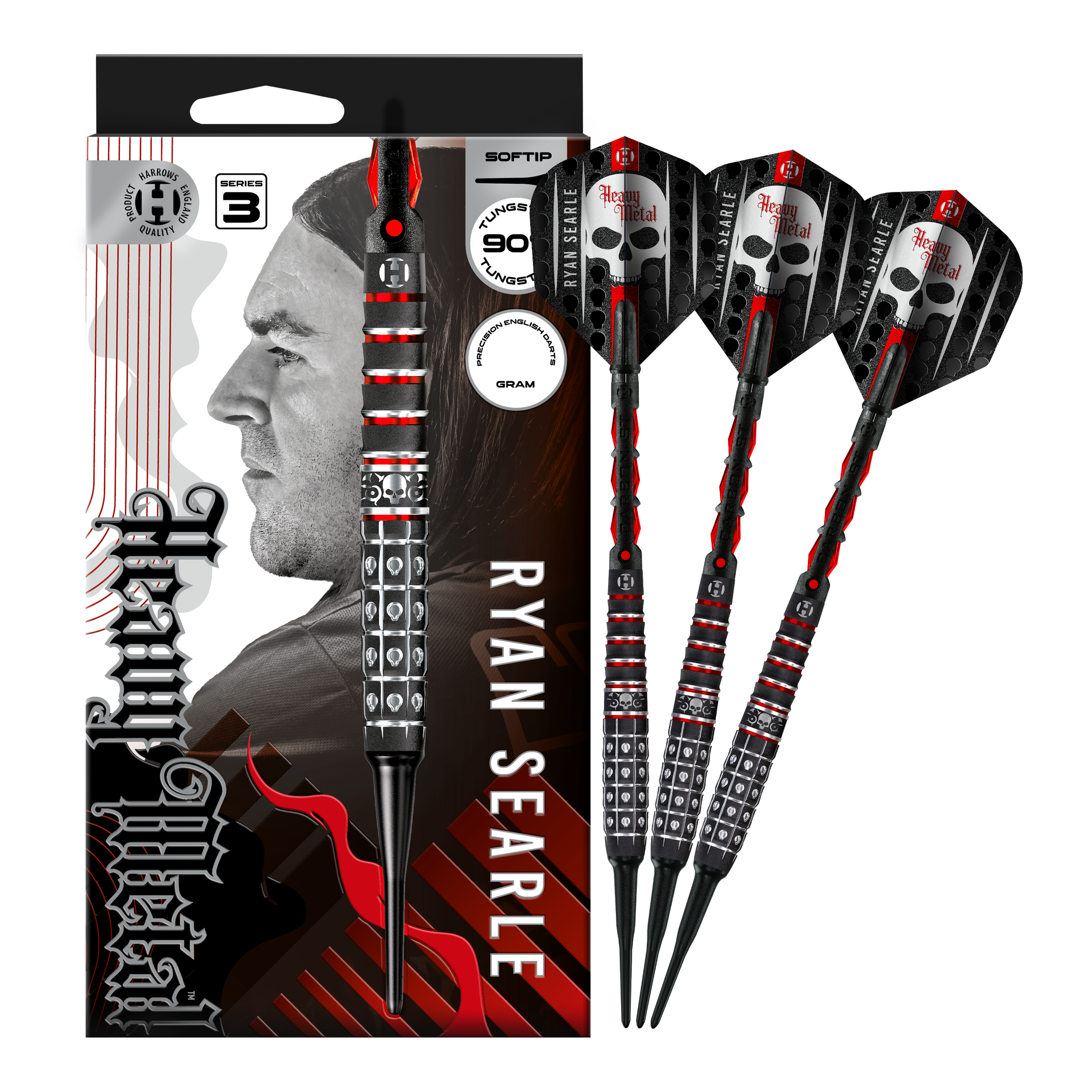 Das Foto zeigt Harrows Ryan Searle Series 3 Softdarts in voller Ansicht. Der Artikel ist für Softdart-Spiele gedacht.
