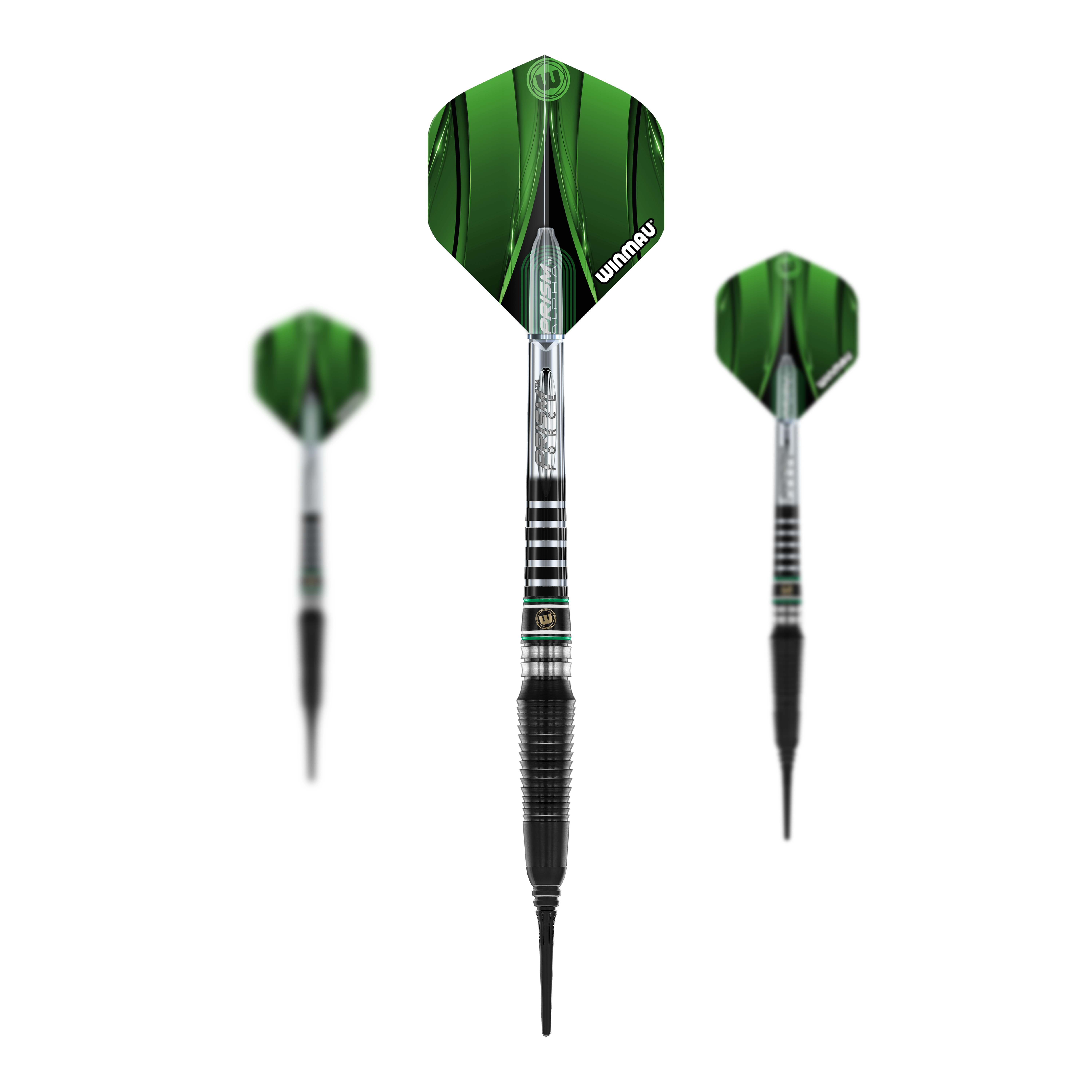 Miękkie lotki Winmau Sniper Black 2025 - 20g Das Bild zeigt drei Winmau Sniper Black 2025 Softdarts mit einem Gewicht von 20g. Die Darts haben grüne Flights und ein schwarzes, silbernes Barrel-Design.