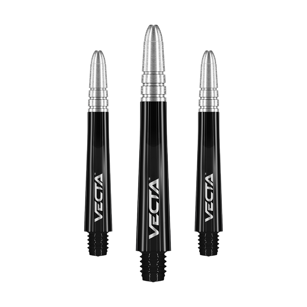 Winmau Vecta Shafts - Schwarz Silber Das Bild zeigt drei schwarze und silberne Dartschäfte der Marke Vecta. Sie sind identisch gestaltet und tragen den Schriftzug "VECTA" auf der Seite.